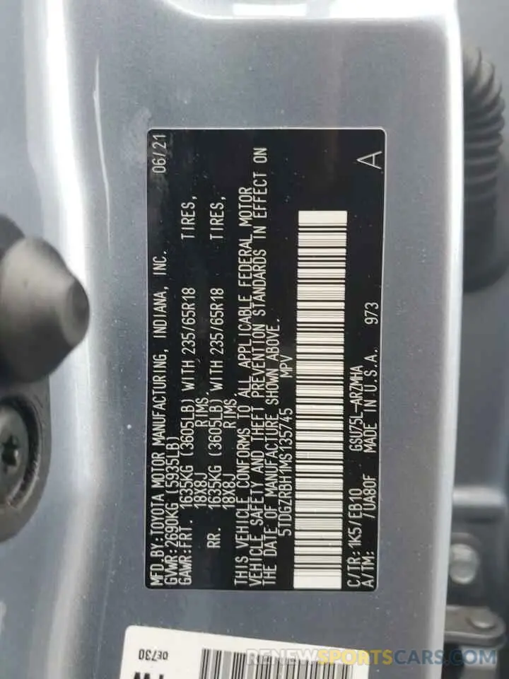 13 fotografías del automóvil dañado 5TDGZRBH1MS135745 TOYOTA HIGHLANDER 2021