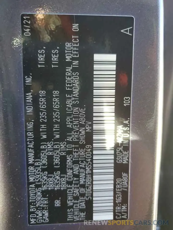 14 fotografías del automóvil dañado 5TDGZRBH1MS540049 TOYOTA HIGHLANDER 2021