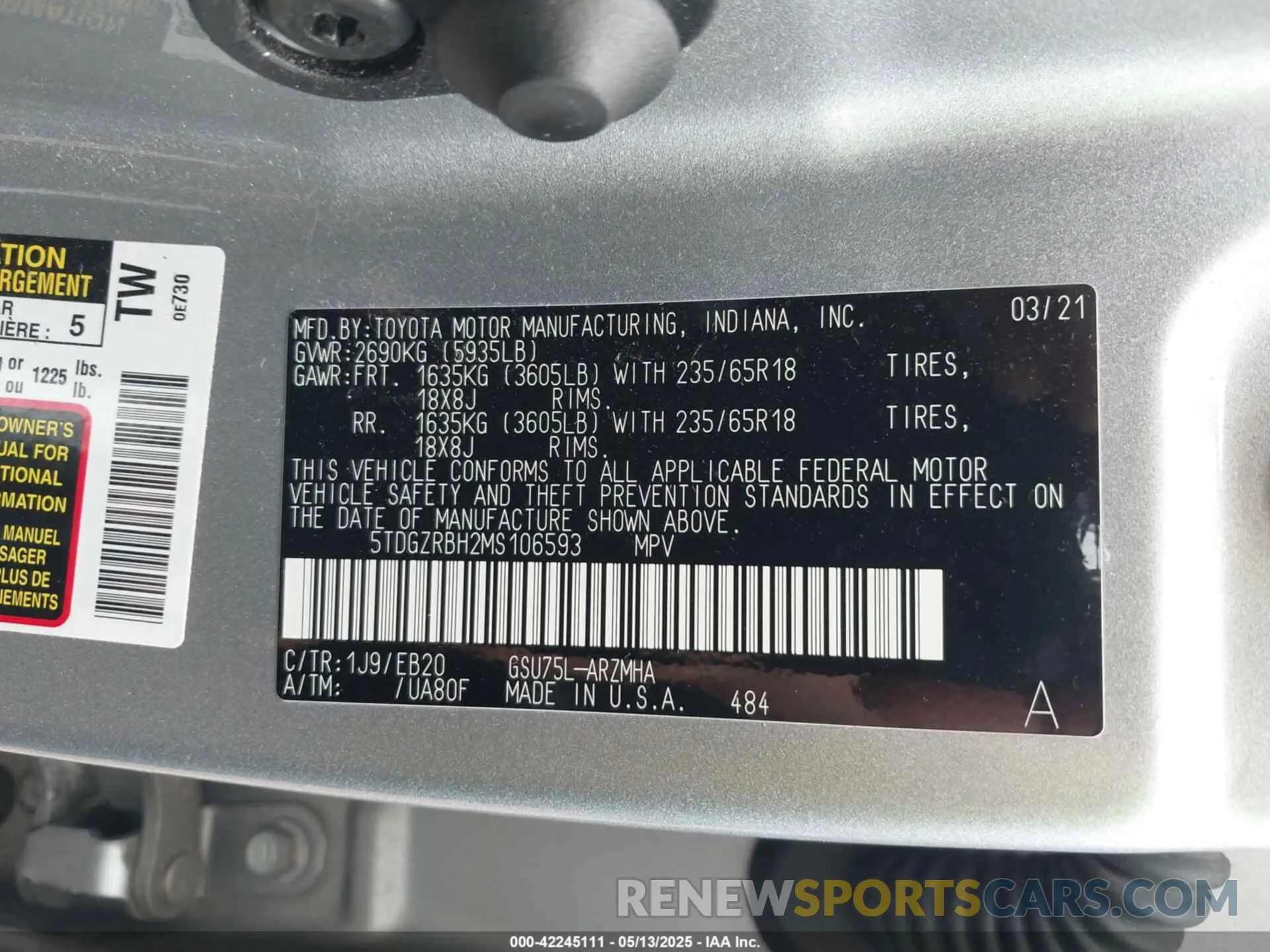 9 fotografías del automóvil dañado 5TDGZRBH2MS106593 TOYOTA HIGHLANDER 2021