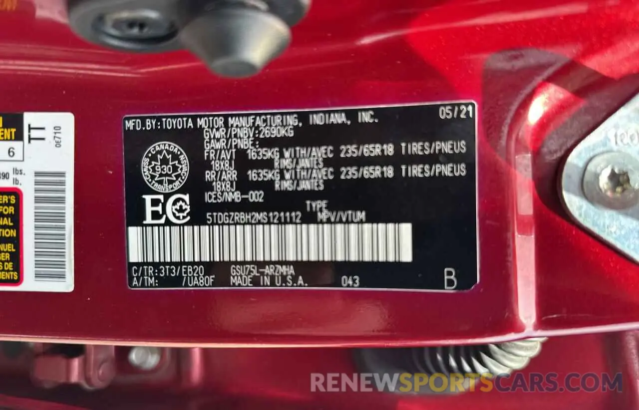10 fotografías del automóvil dañado 5TDGZRBH2MS121112 TOYOTA HIGHLANDER 2021