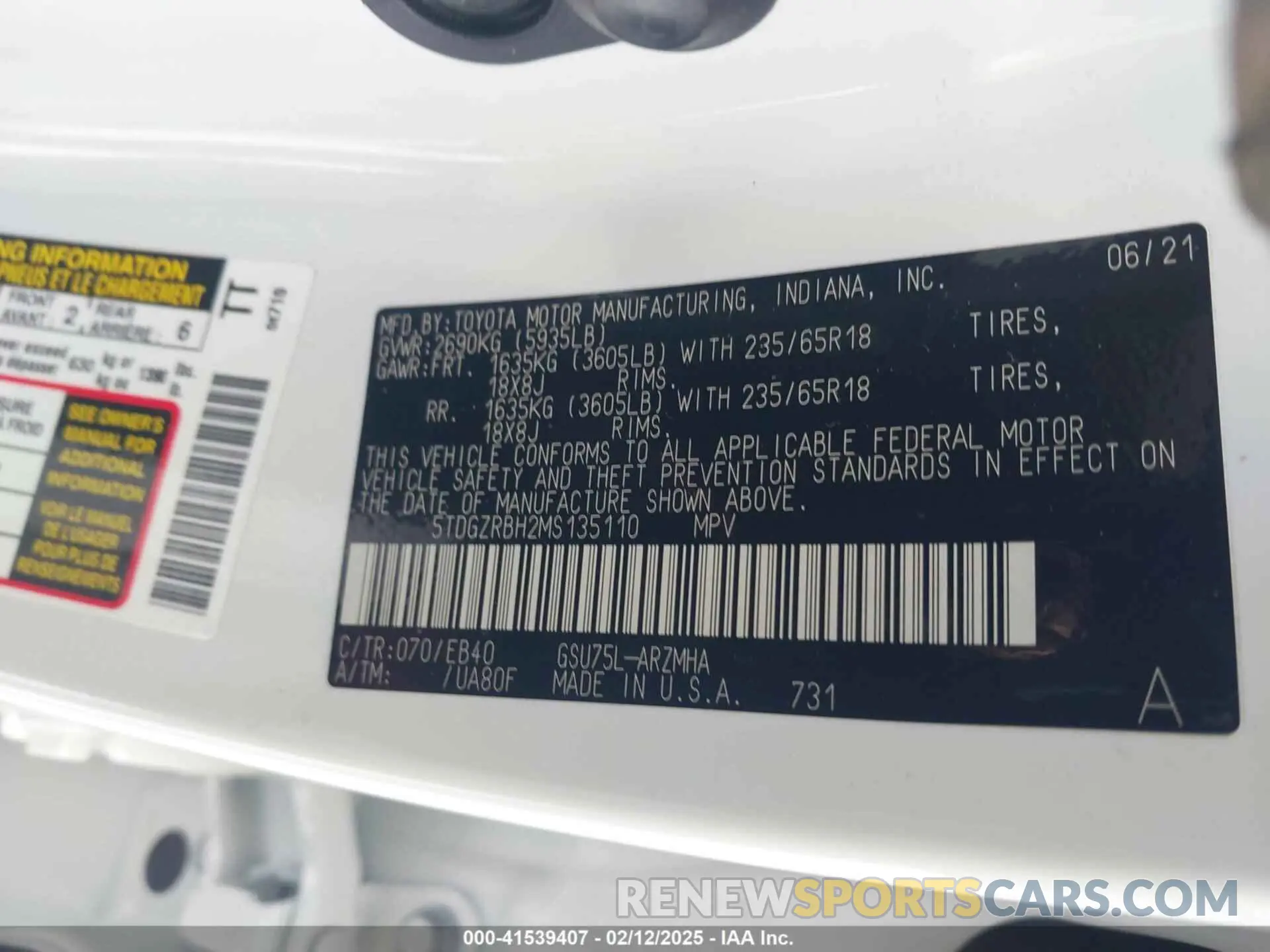 9 fotografías del automóvil dañado 5TDGZRBH2MS135110 TOYOTA HIGHLANDER 2021