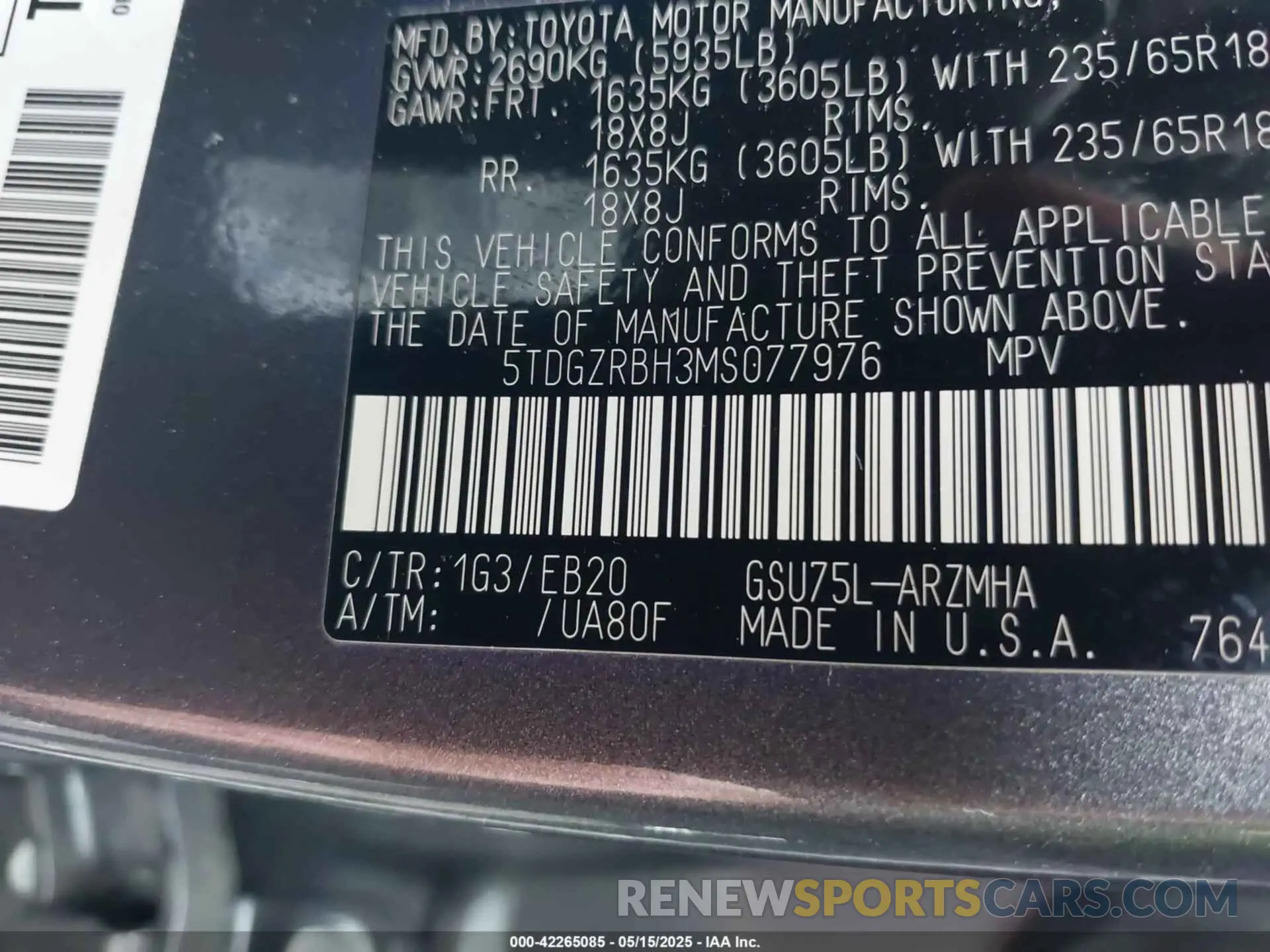 9 fotografías del automóvil dañado 5TDGZRBH3MS077976 TOYOTA HIGHLANDER 2021