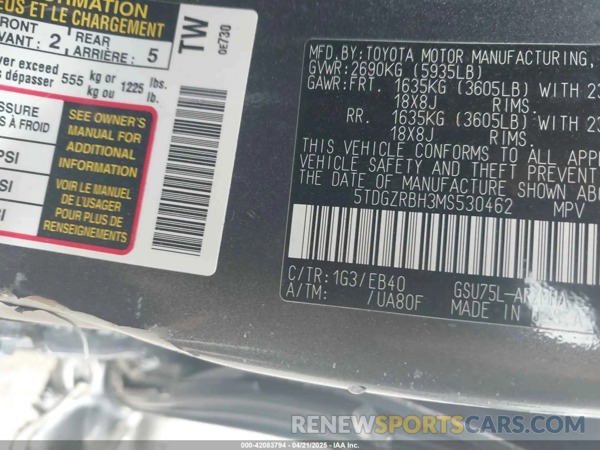 9 fotografías del automóvil dañado 5TDGZRBH3MS530462 TOYOTA HIGHLANDER 2021