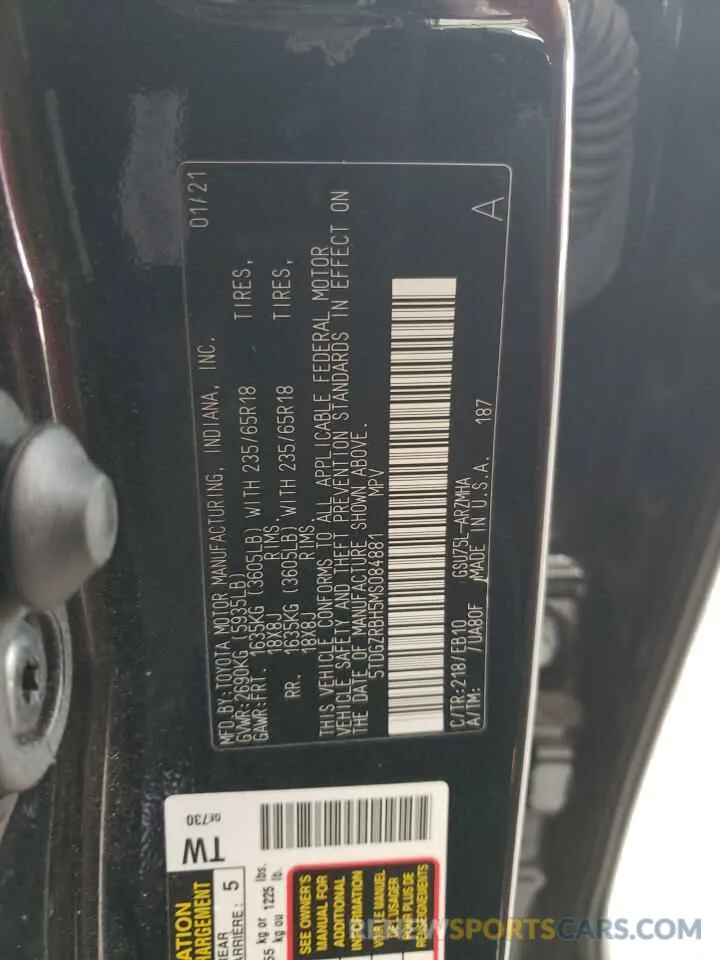 13 fotografías del automóvil dañado 5TDGZRBH5MS084881 TOYOTA HIGHLANDER 2021