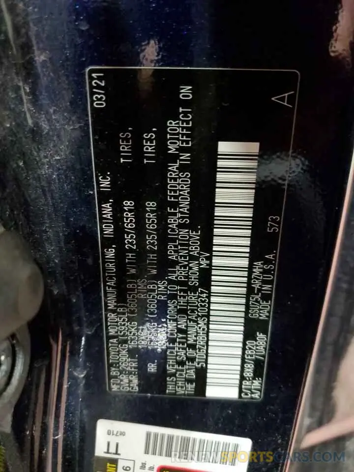 14 fotografías del automóvil dañado 5TDGZRBH5MS103347 TOYOTA HIGHLANDER 2021