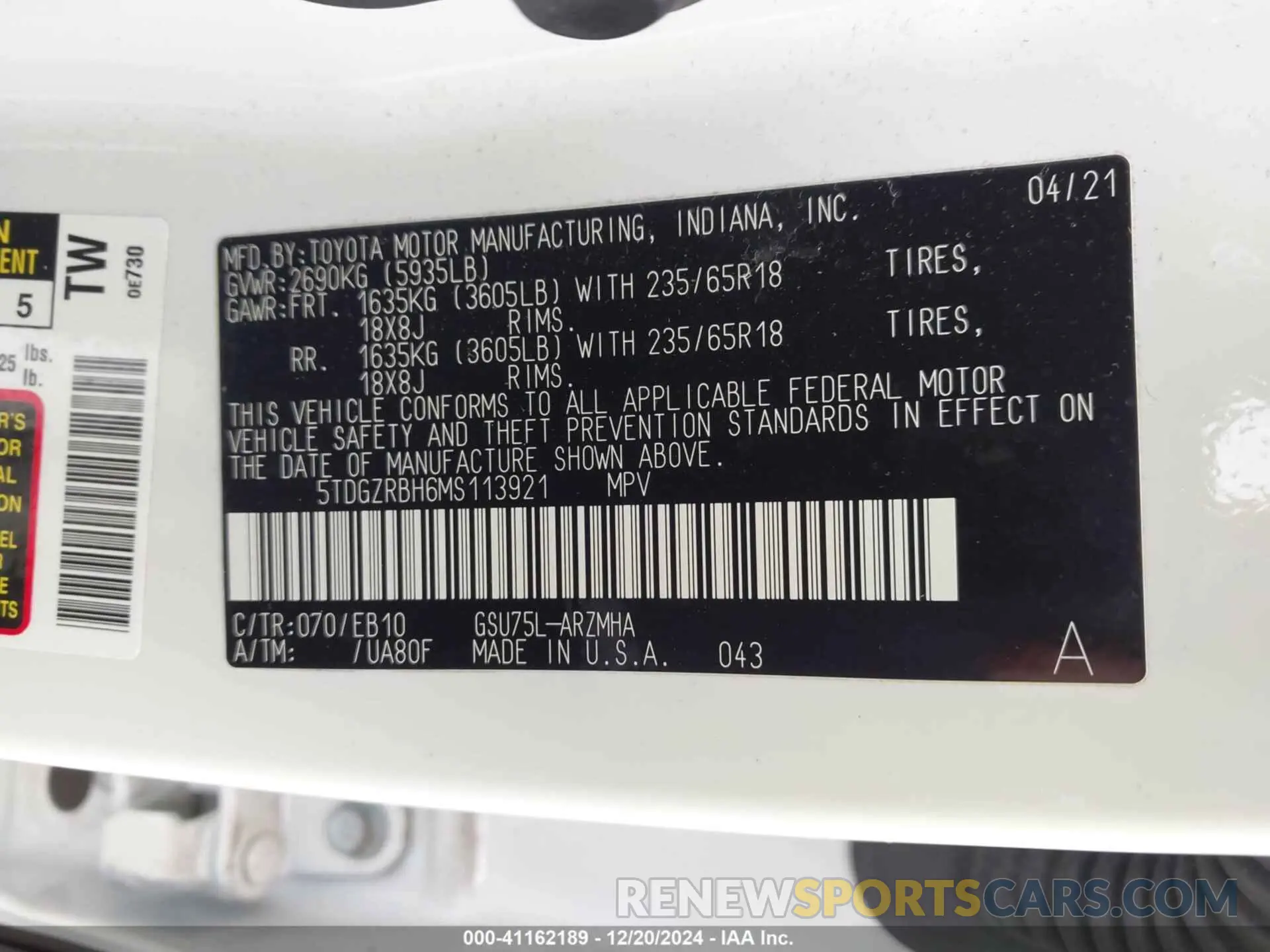9 fotografías del automóvil dañado 5TDGZRBH6MS113921 TOYOTA HIGHLANDER 2021