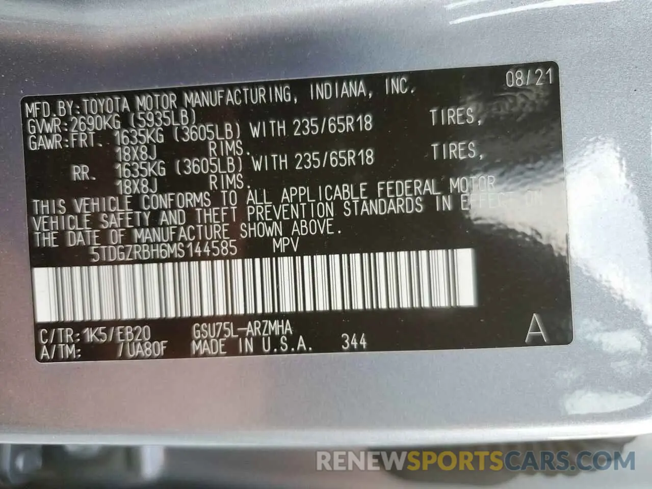 13 fotografías del automóvil dañado 5TDGZRBH6MS144585 TOYOTA HIGHLANDER 2021