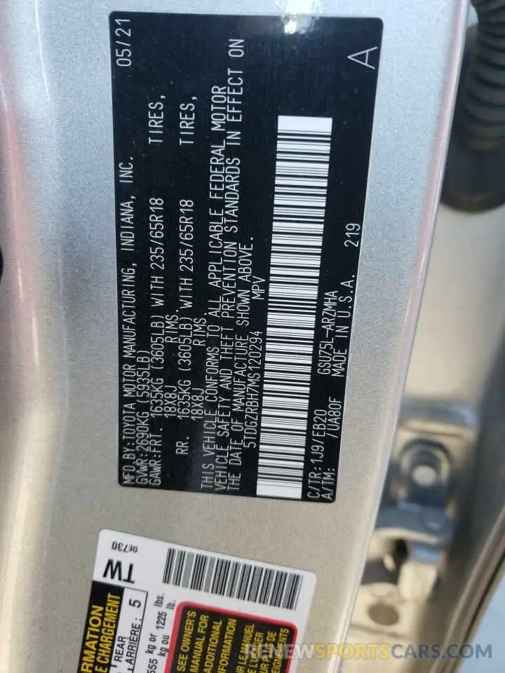 12 fotografías del automóvil dañado 5TDGZRBH7MS120294 TOYOTA HIGHLANDER 2021