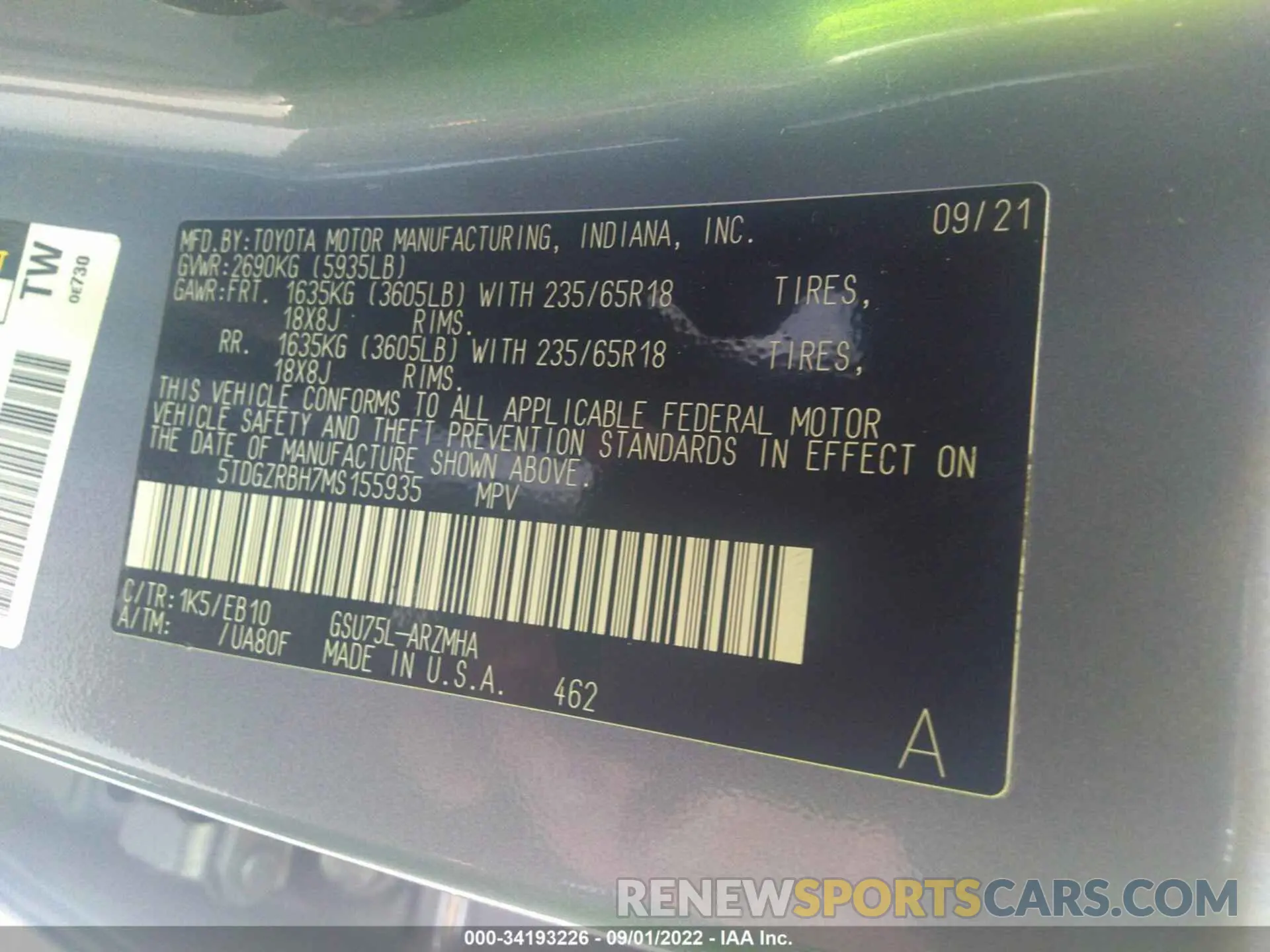 9 fotografías del automóvil dañado 5TDGZRBH7MS155935 TOYOTA HIGHLANDER 2021