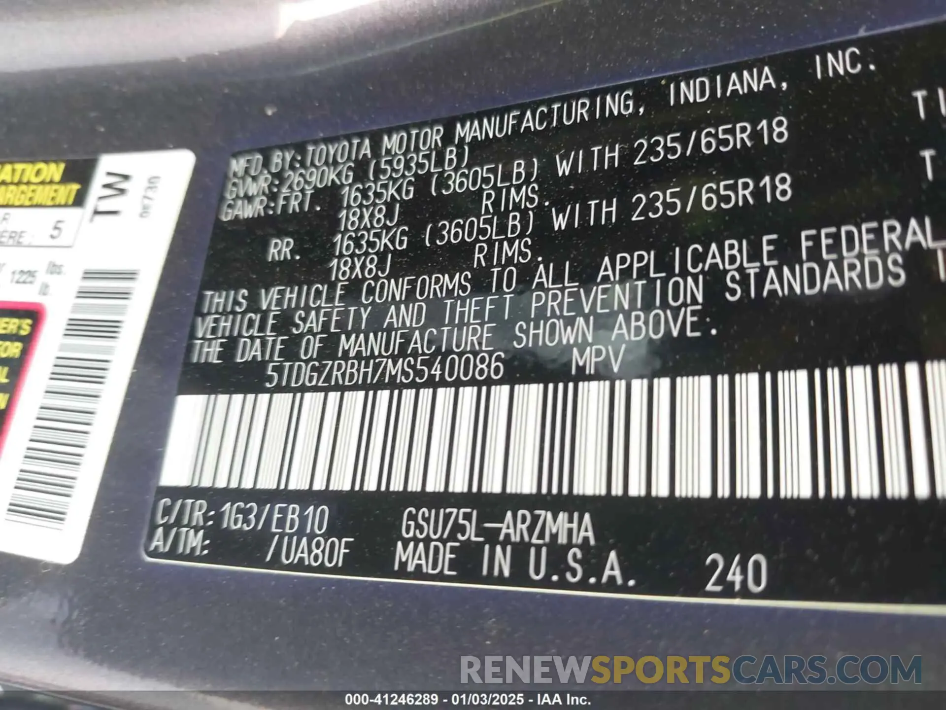 9 fotografías del automóvil dañado 5TDGZRBH7MS540086 TOYOTA HIGHLANDER 2021