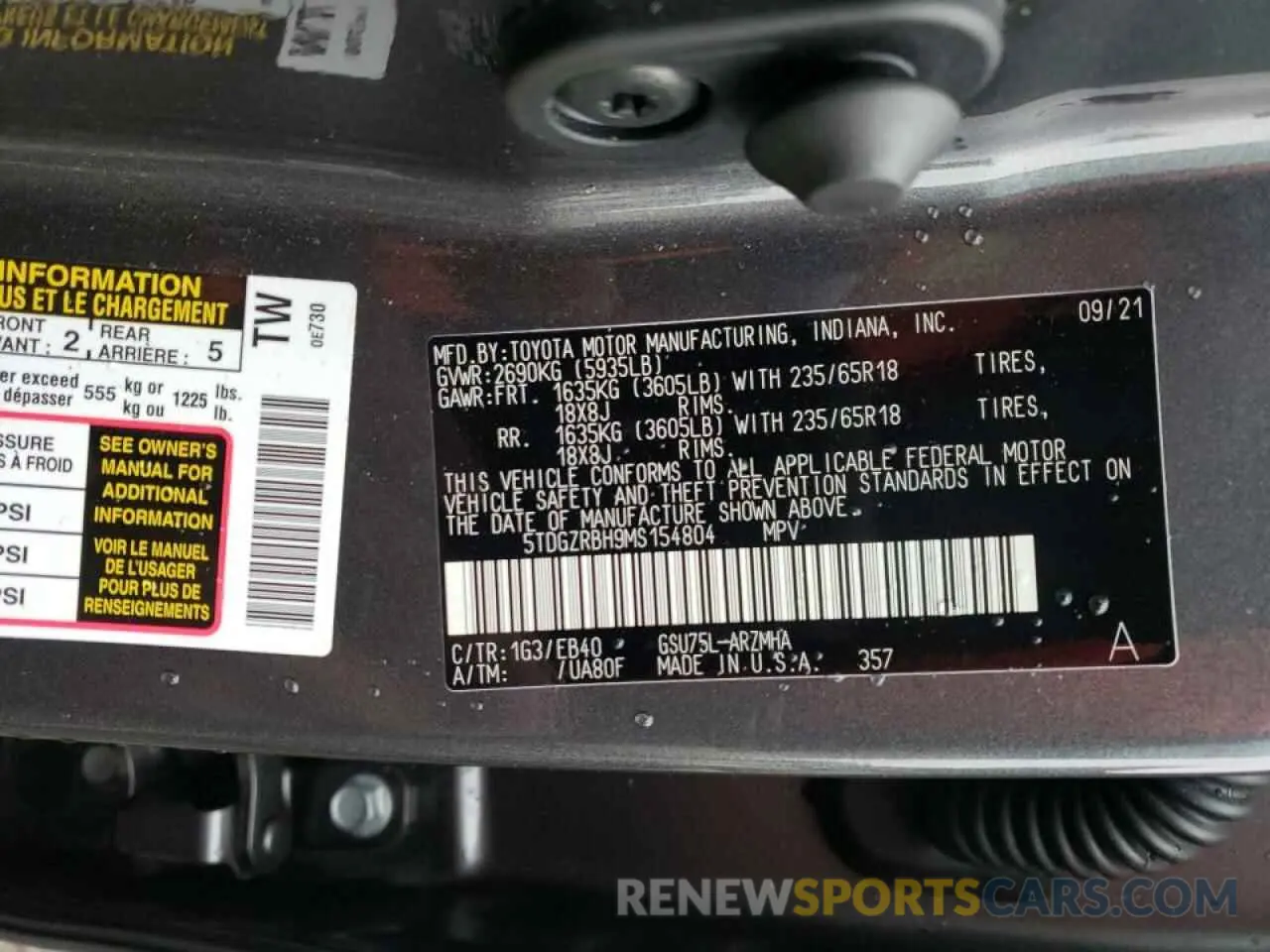10 fotografías del automóvil dañado 5TDGZRBH9MS154804 TOYOTA HIGHLANDER 2021