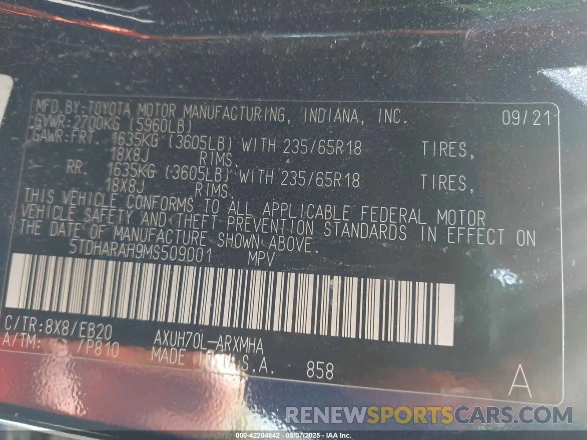 9 fotografías del automóvil dañado 5TDHARAH9MS509001 TOYOTA HIGHLANDER 2021