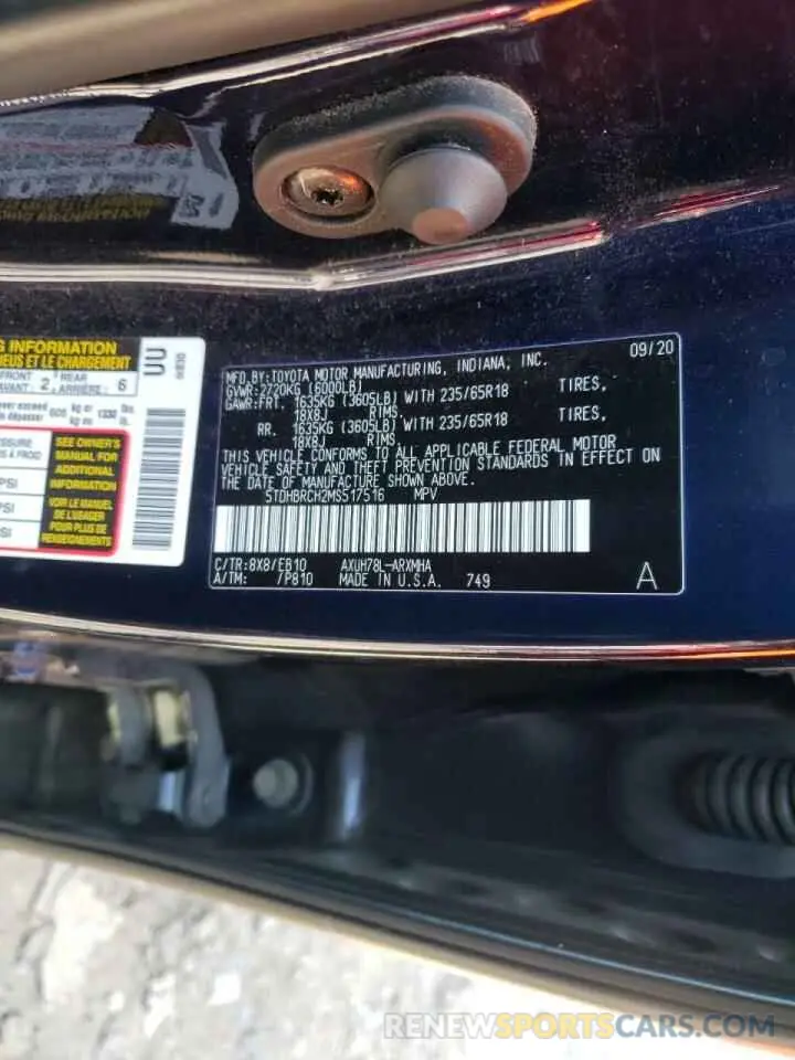10 fotografías del automóvil dañado 5TDHBRCH2MS517516 TOYOTA HIGHLANDER 2021