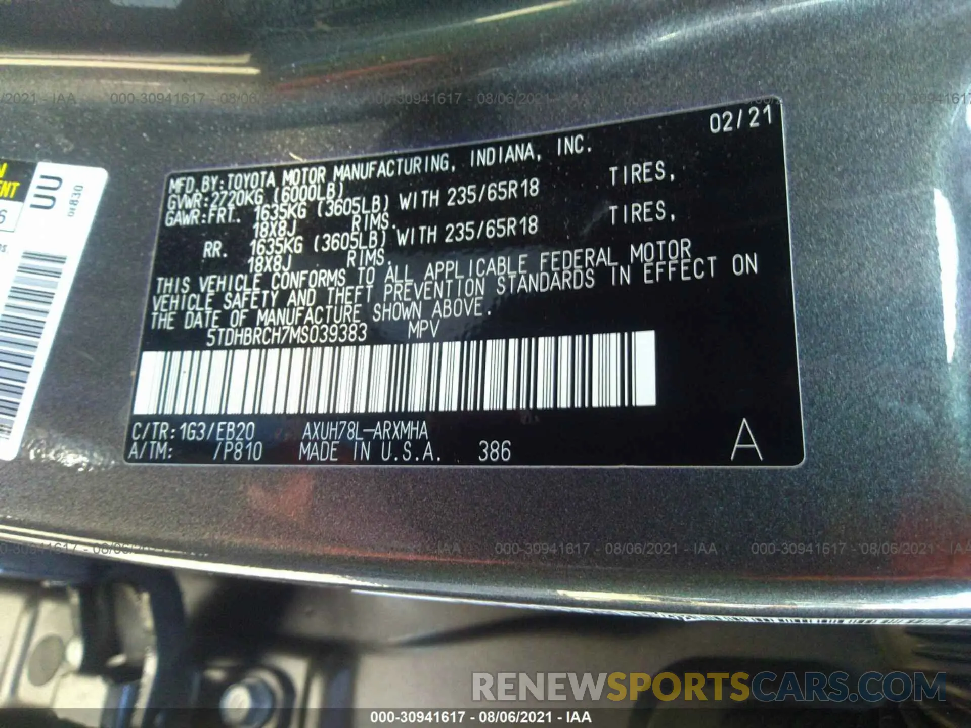 9 fotografías del automóvil dañado 5TDHBRCH7MS039383 TOYOTA HIGHLANDER 2021