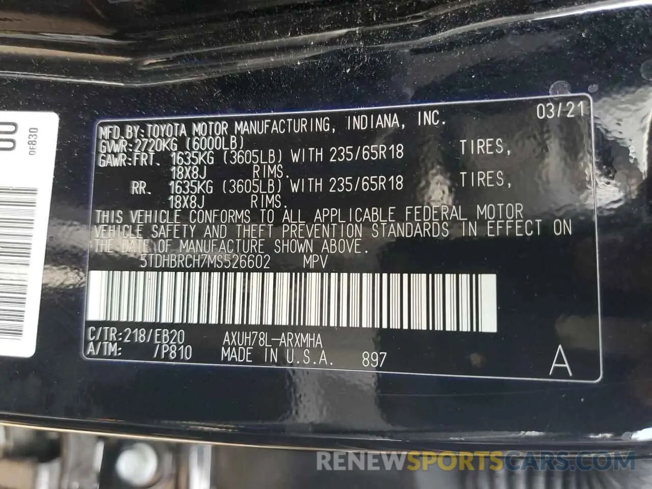 10 fotografías del automóvil dañado 5TDHBRCH7MS526602 TOYOTA HIGHLANDER 2021