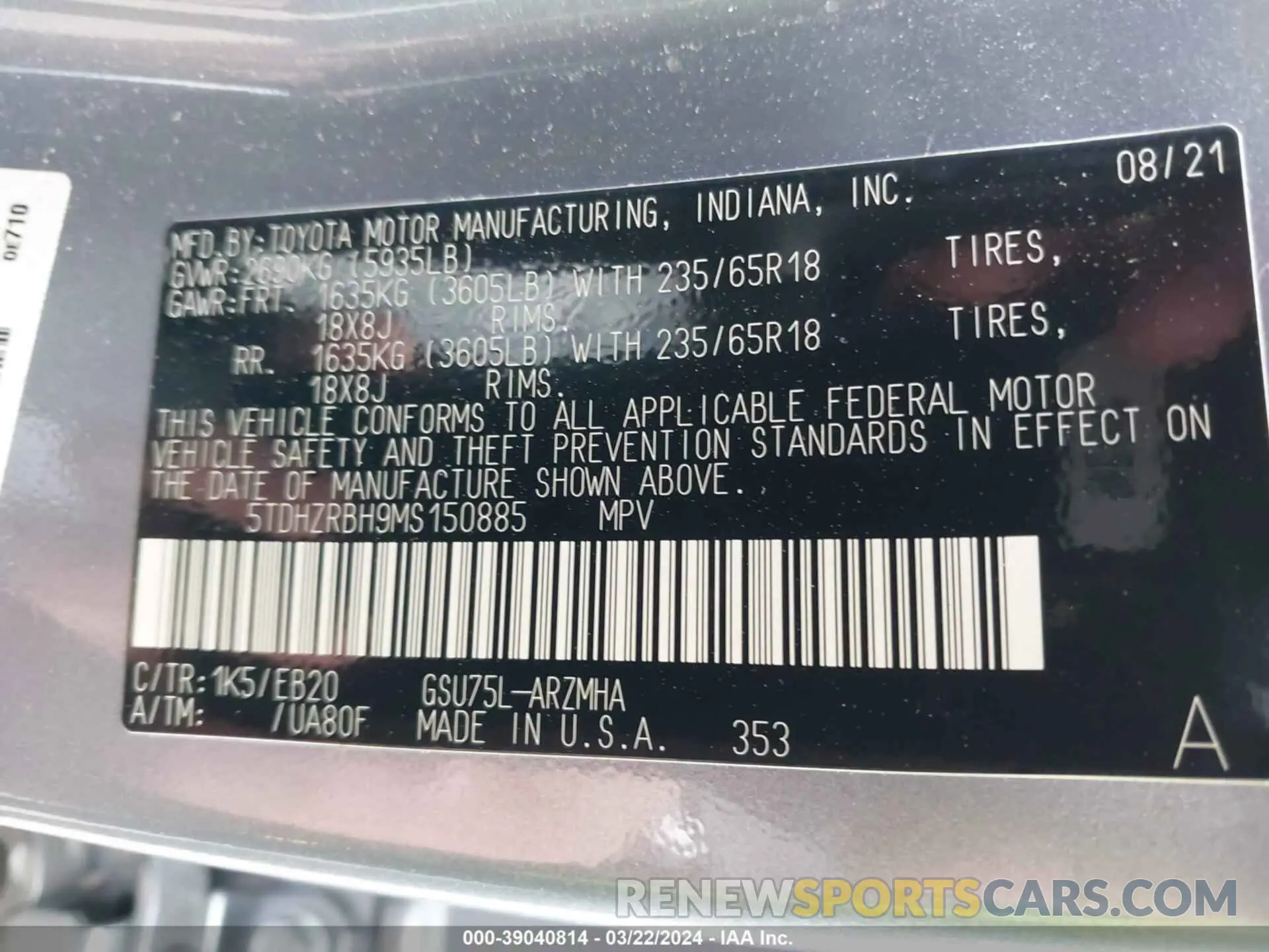 9 fotografías del automóvil dañado 5TDHZRBH9MS150885 TOYOTA HIGHLANDER 2021