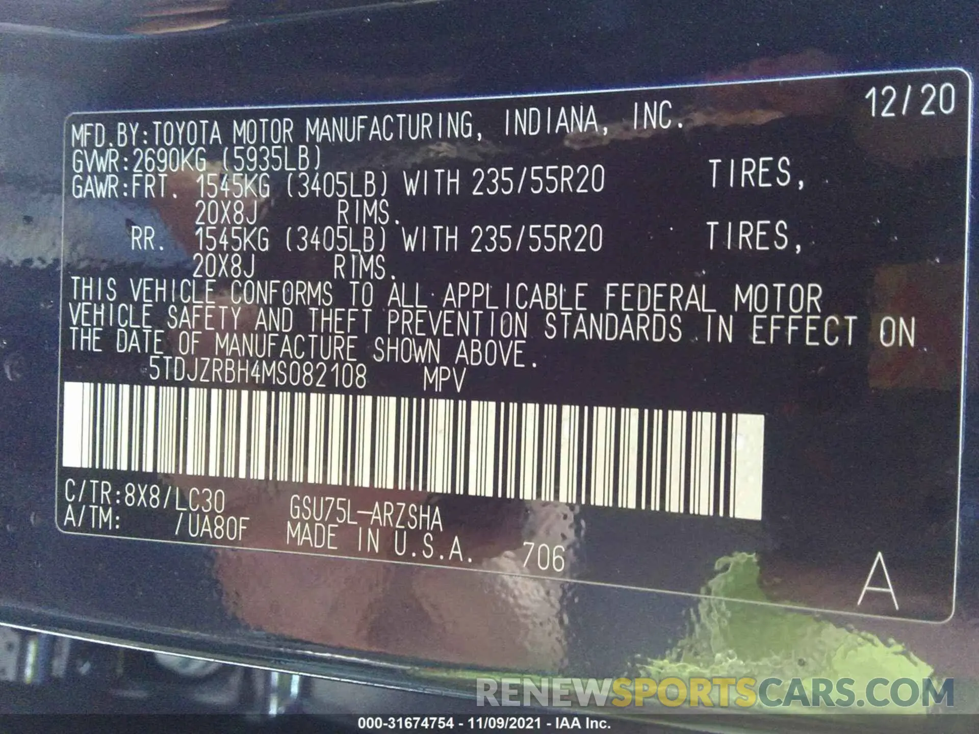 9 fotografías del automóvil dañado 5TDJZRBH4MS082108 TOYOTA HIGHLANDER 2021