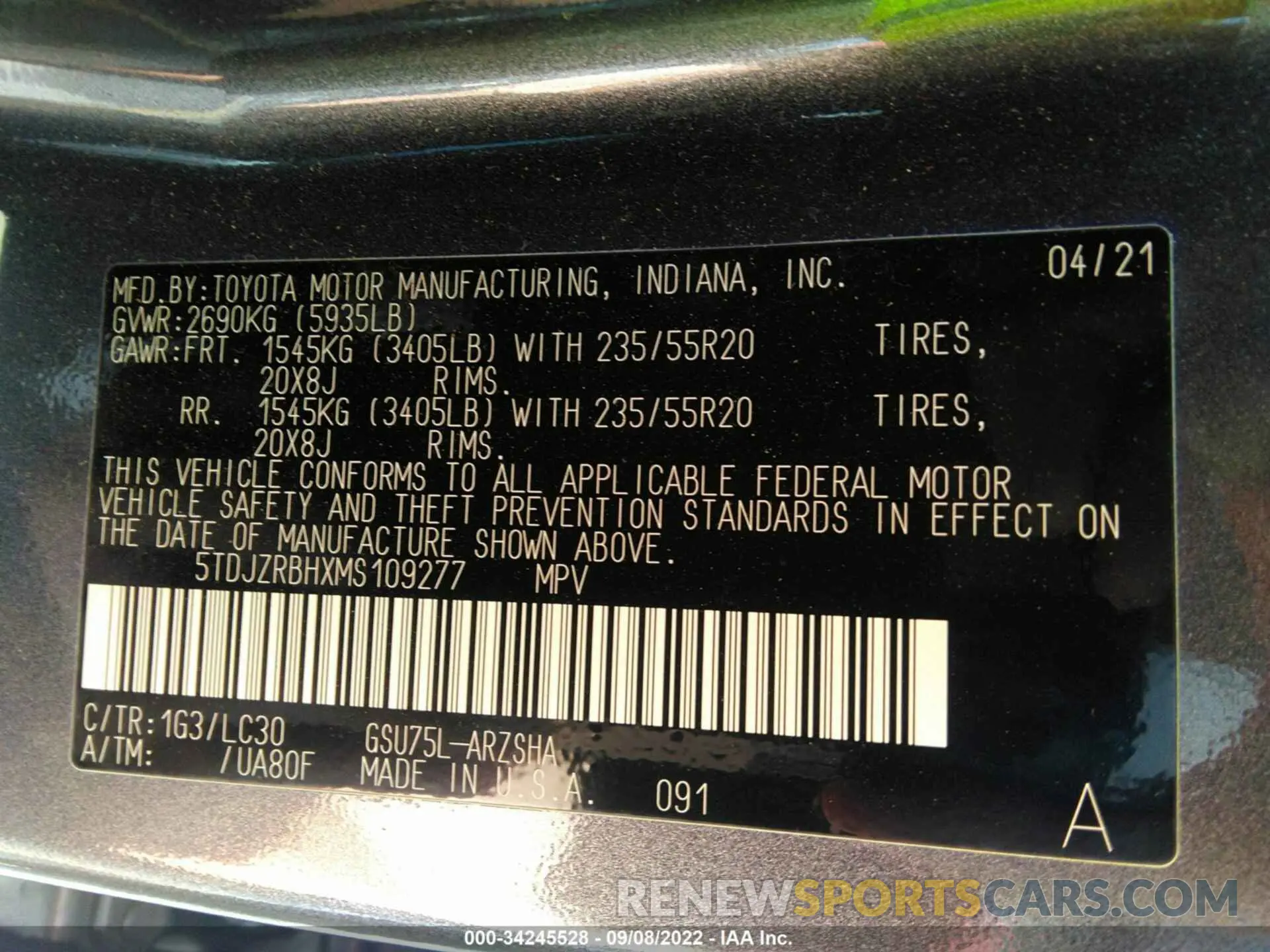 9 fotografías del automóvil dañado 5TDJZRBHXMS109277 TOYOTA HIGHLANDER 2021