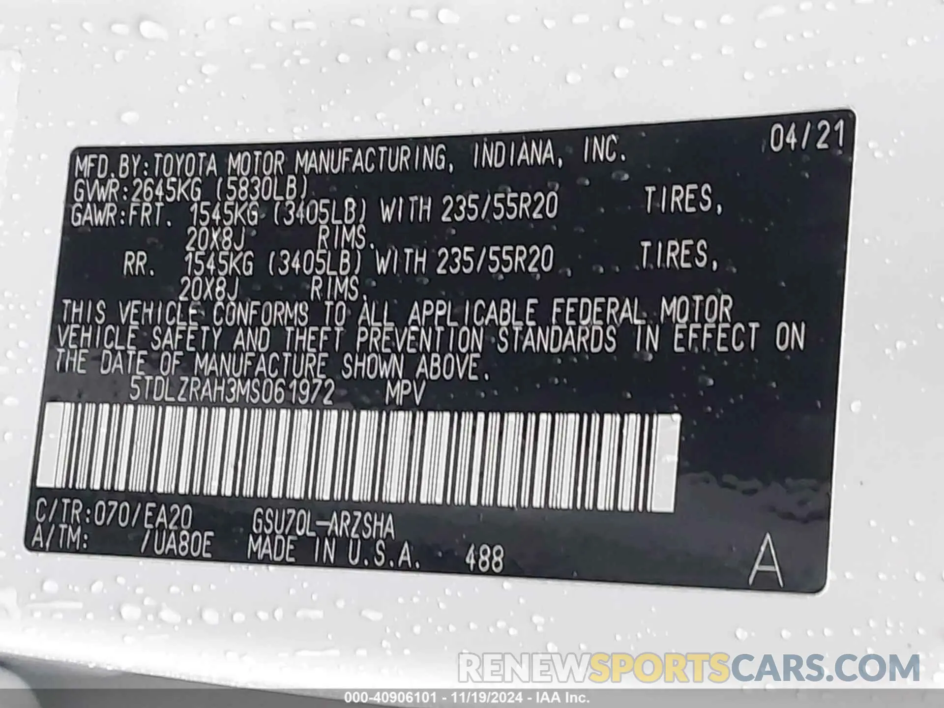 9 fotografías del automóvil dañado 5TDLZRAH3MS061972 TOYOTA HIGHLANDER 2021
