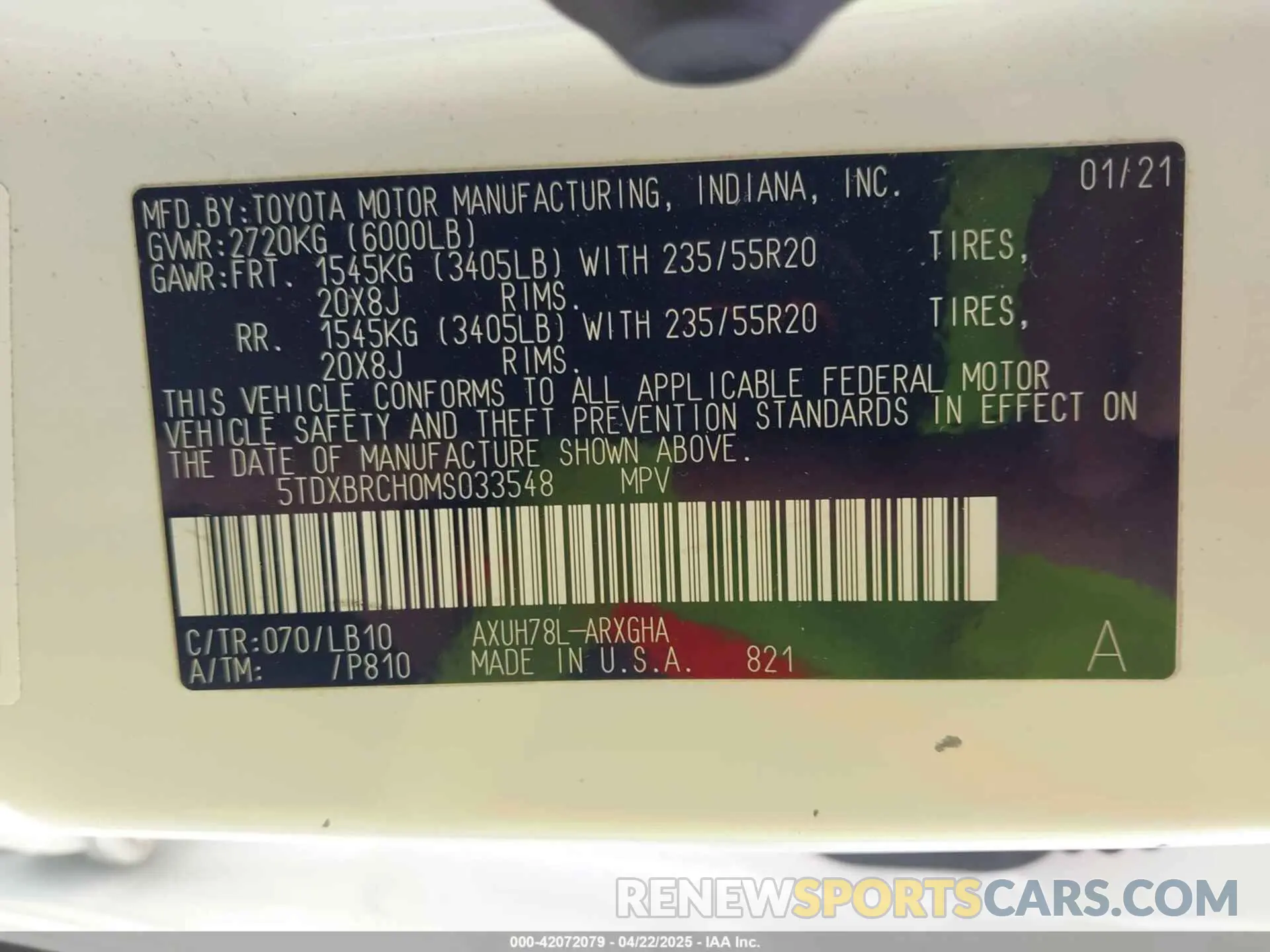 9 fotografías del automóvil dañado 5TDXBRCH0MS033548 TOYOTA HIGHLANDER 2021