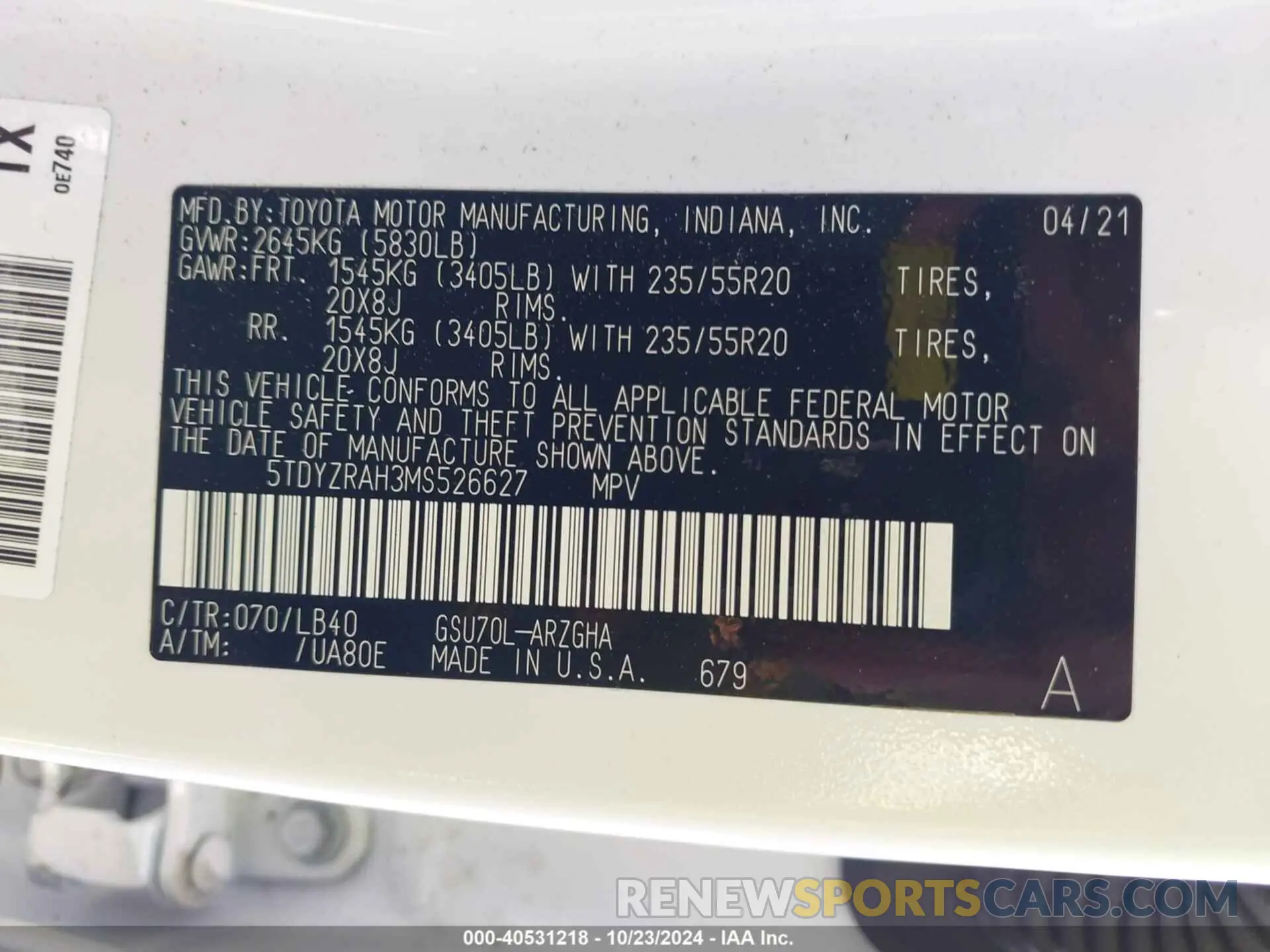 9 fotografías del automóvil dañado 5TDYZRAH3MS526627 TOYOTA HIGHLANDER 2021