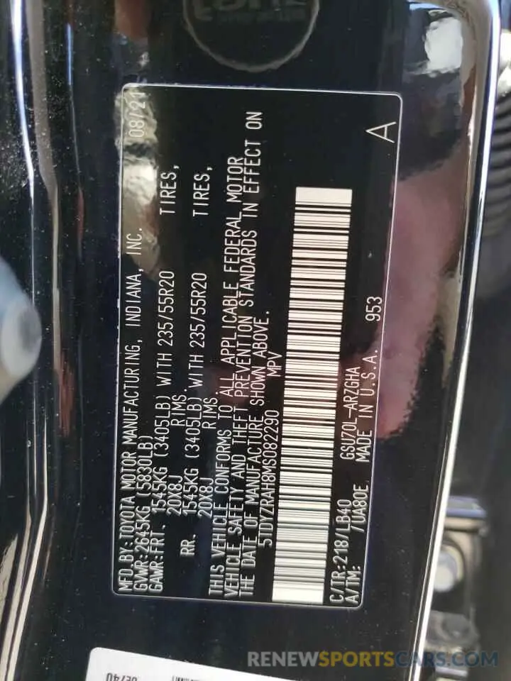 10 fotografías del automóvil dañado 5TDYZRAH8MS082290 TOYOTA HIGHLANDER 2021