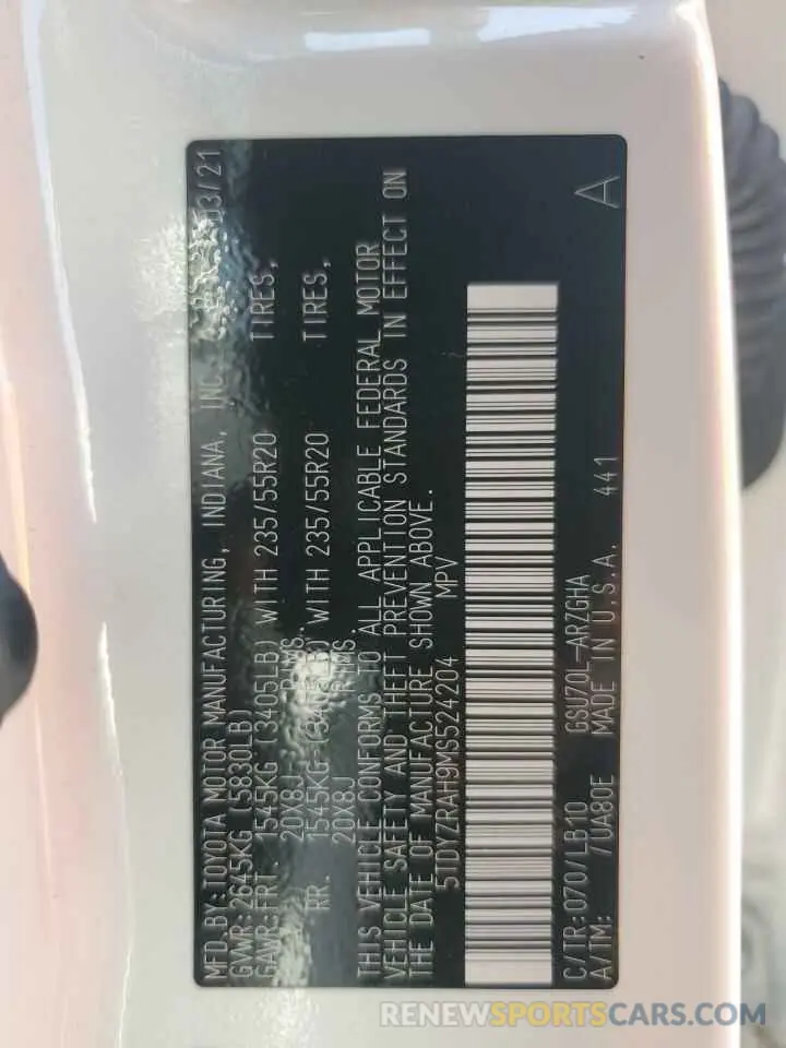 13 fotografías del automóvil dañado 5TDYZRAH9MS524204 TOYOTA HIGHLANDER 2021