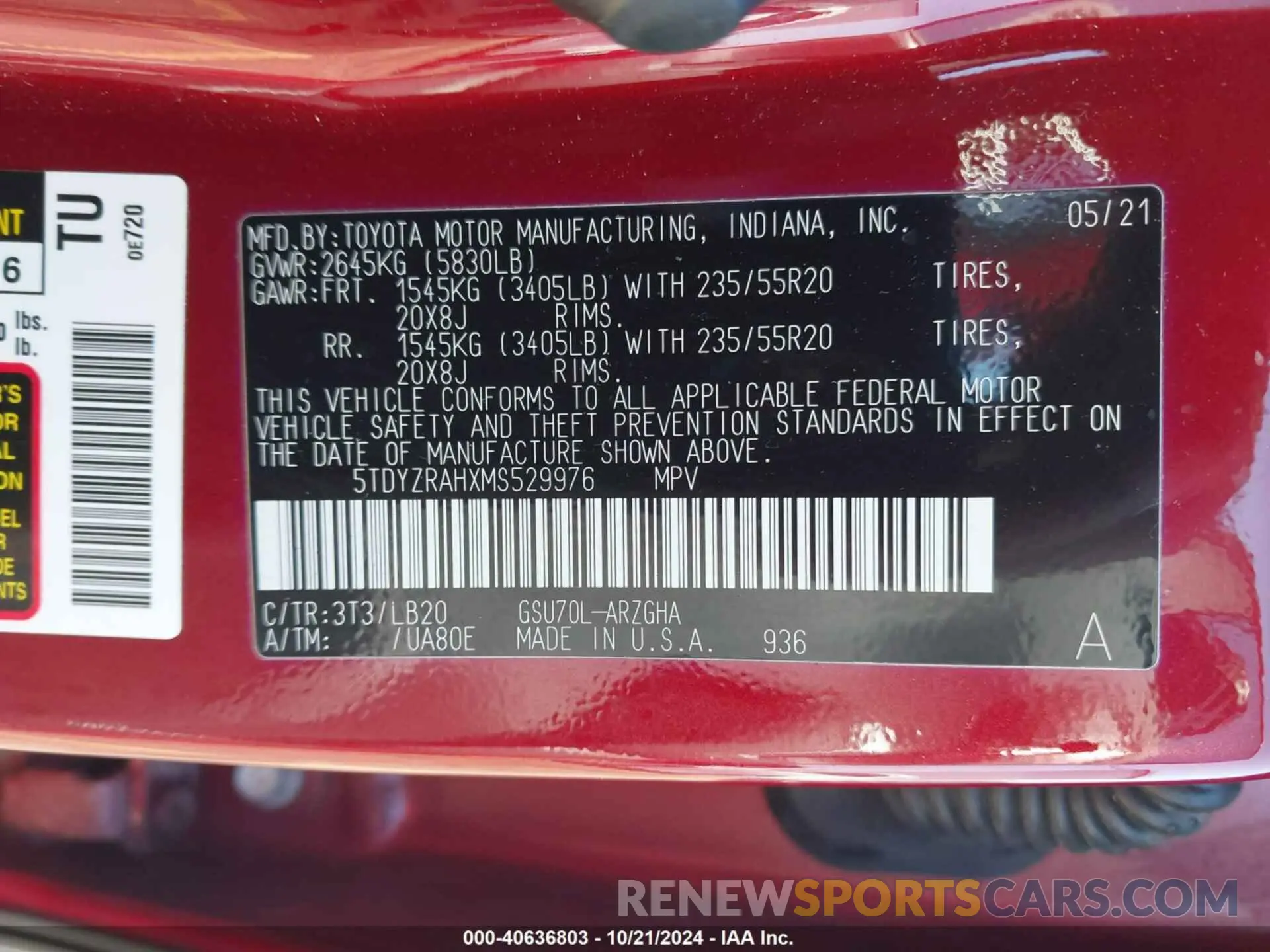 9 fotografías del automóvil dañado 5TDYZRAHXMS529976 TOYOTA HIGHLANDER 2021
