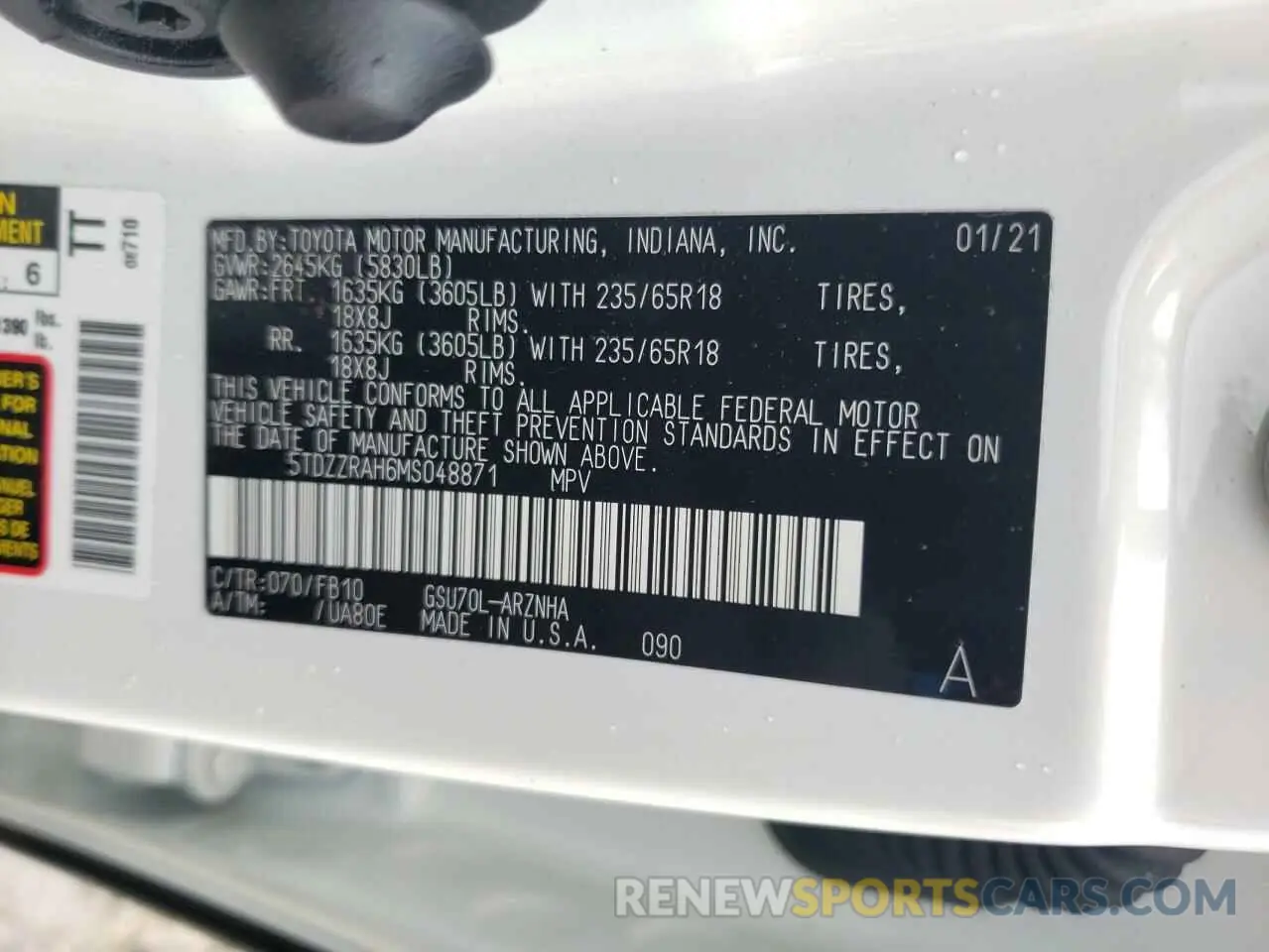 10 fotografías del automóvil dañado 5TDZZRAH6MS048871 TOYOTA HIGHLANDER 2021