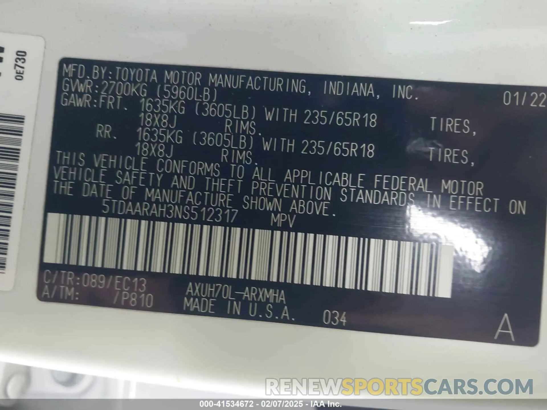 9 fotografías del automóvil dañado 5TDAARAH3NS512317 TOYOTA HIGHLANDER 2022