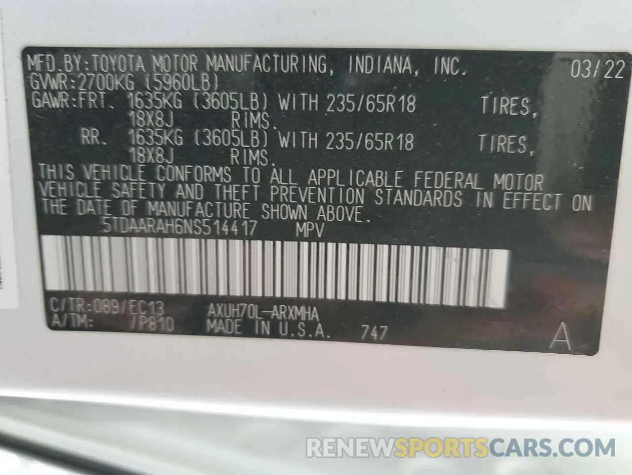 13 fotografías del automóvil dañado 5TDAARAH6NS514417 TOYOTA HIGHLANDER 2022