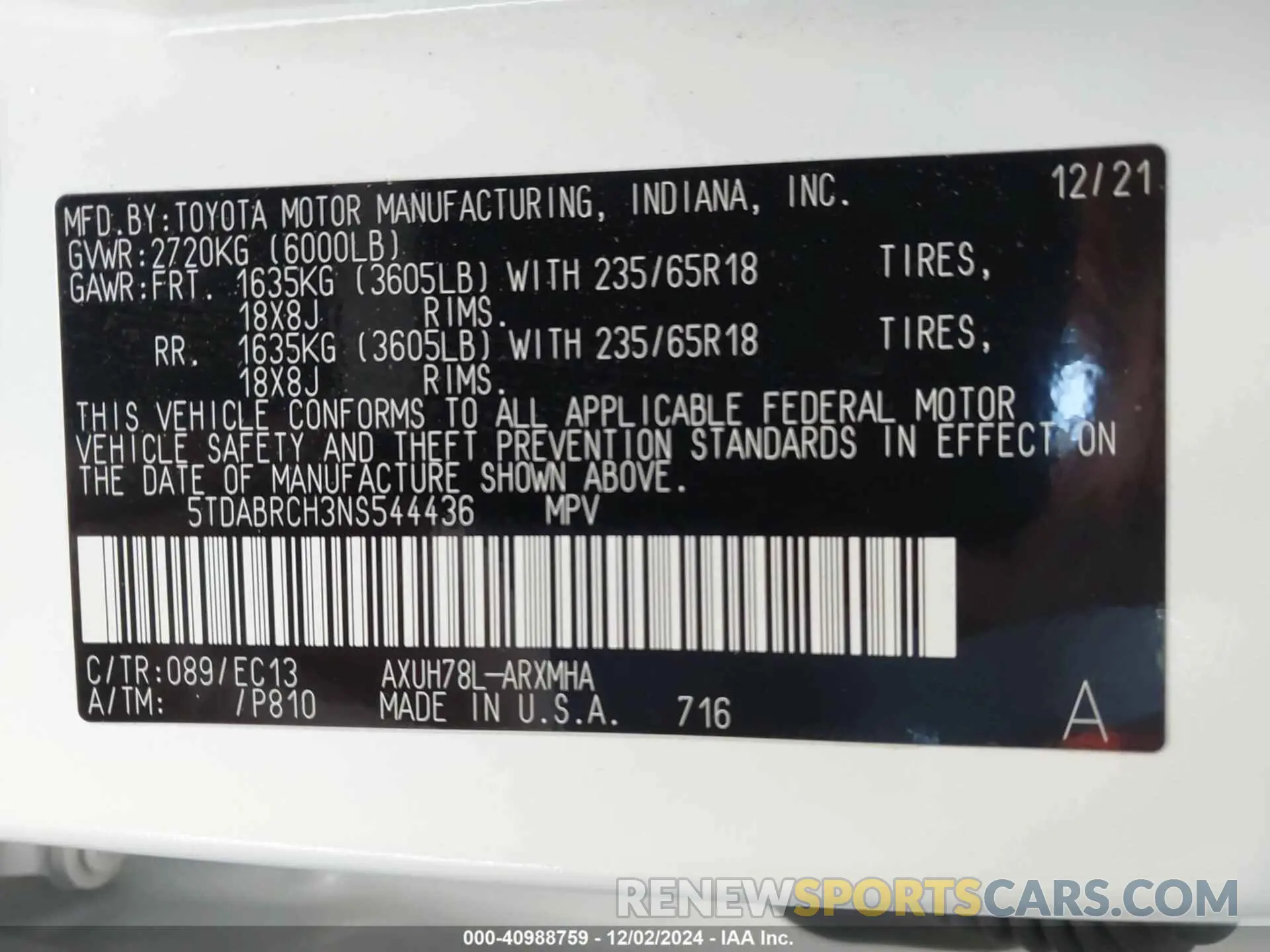 9 fotografías del automóvil dañado 5TDABRCH3NS544436 TOYOTA HIGHLANDER 2022