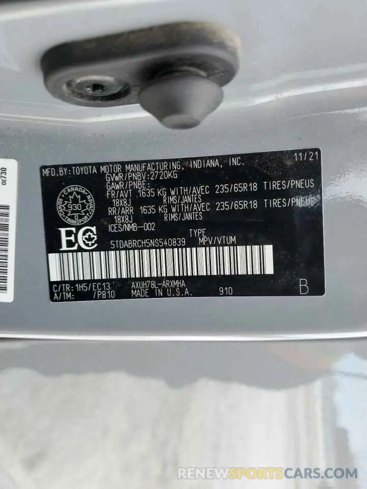 14 fotografías del automóvil dañado 5TDABRCH5NS540839 TOYOTA HIGHLANDER 2022