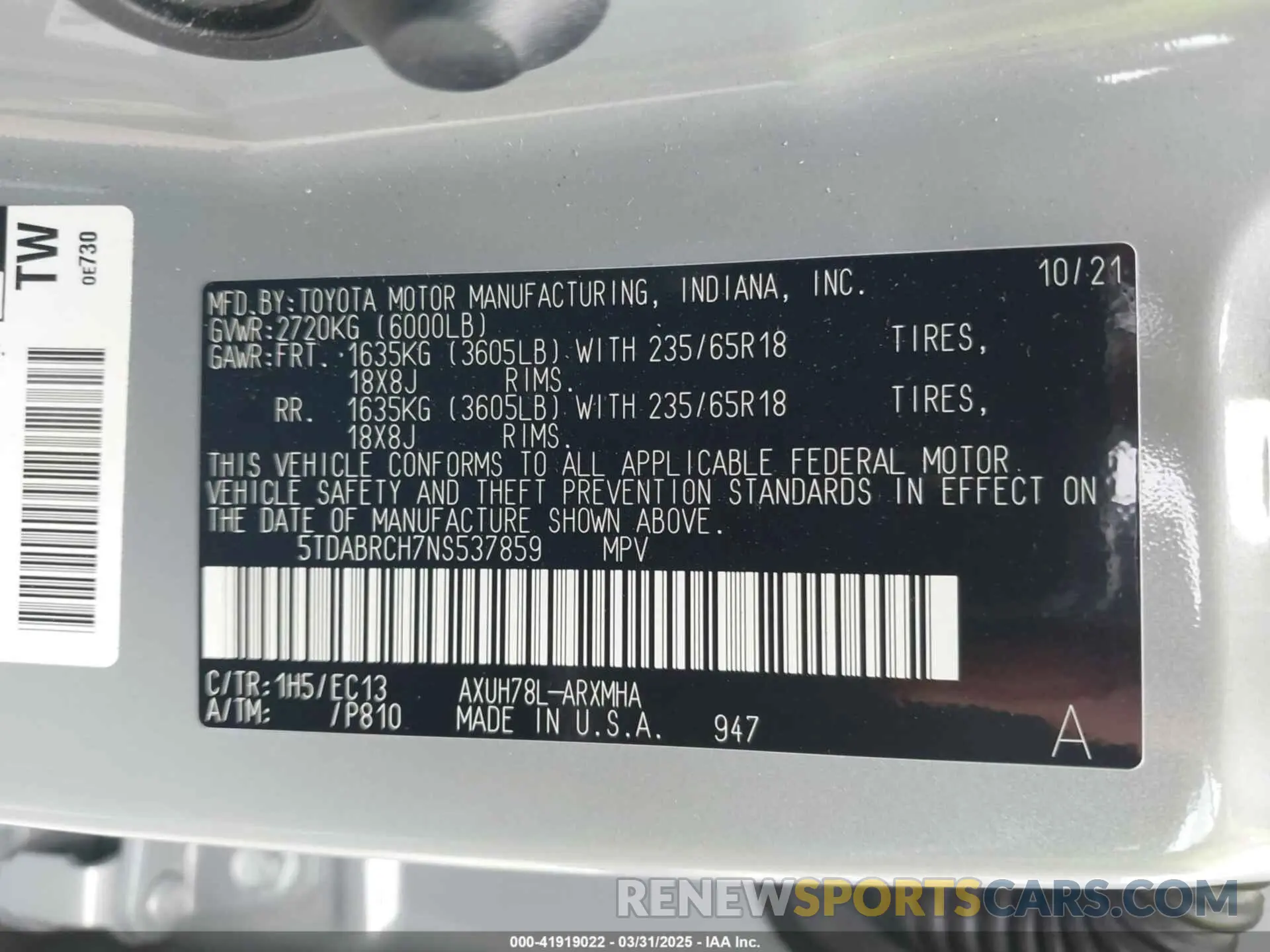 9 fotografías del automóvil dañado 5TDABRCH7NS537859 TOYOTA HIGHLANDER 2022