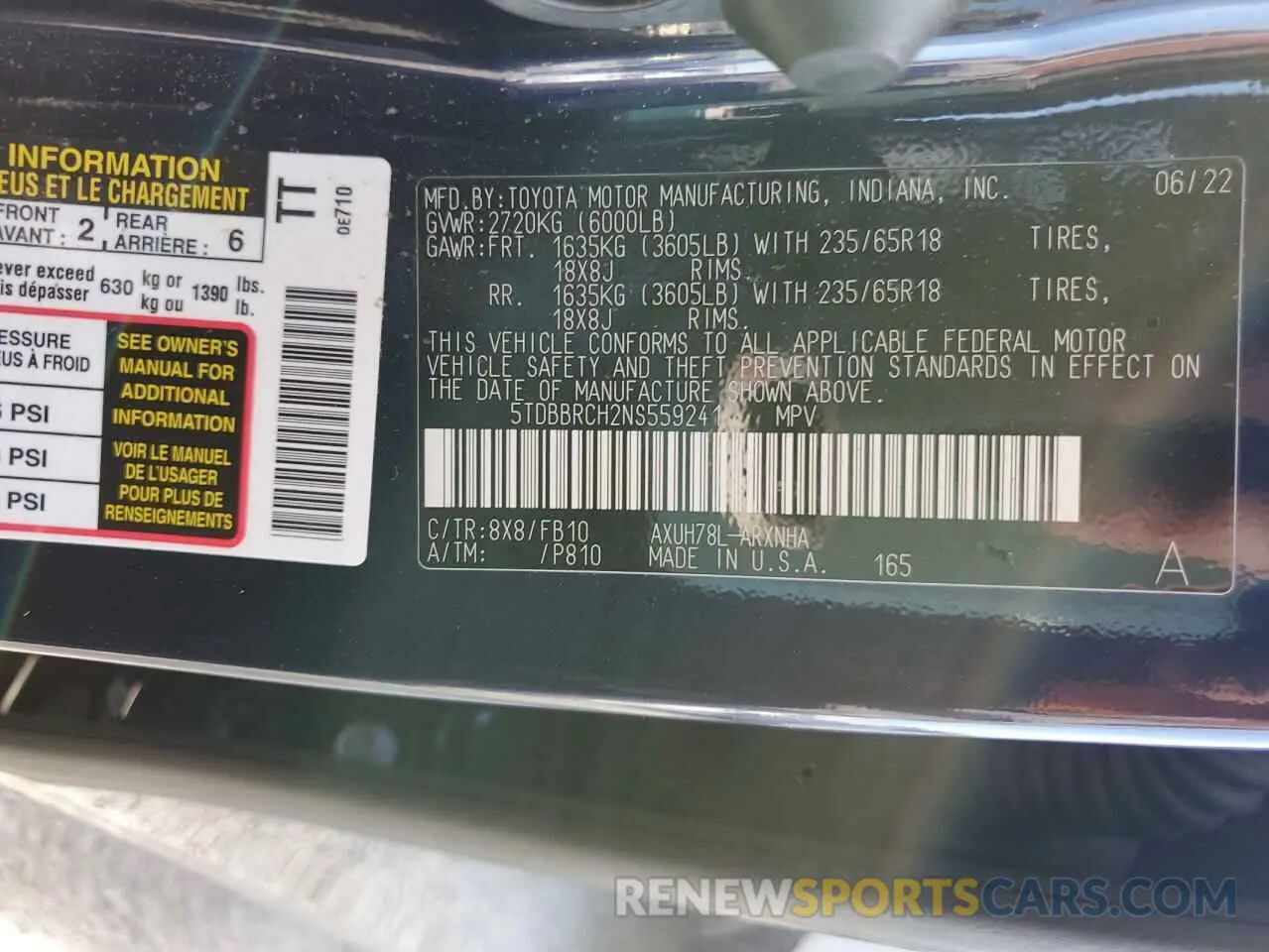 10 fotografías del automóvil dañado 5TDBBRCH2NS559241 TOYOTA HIGHLANDER 2022