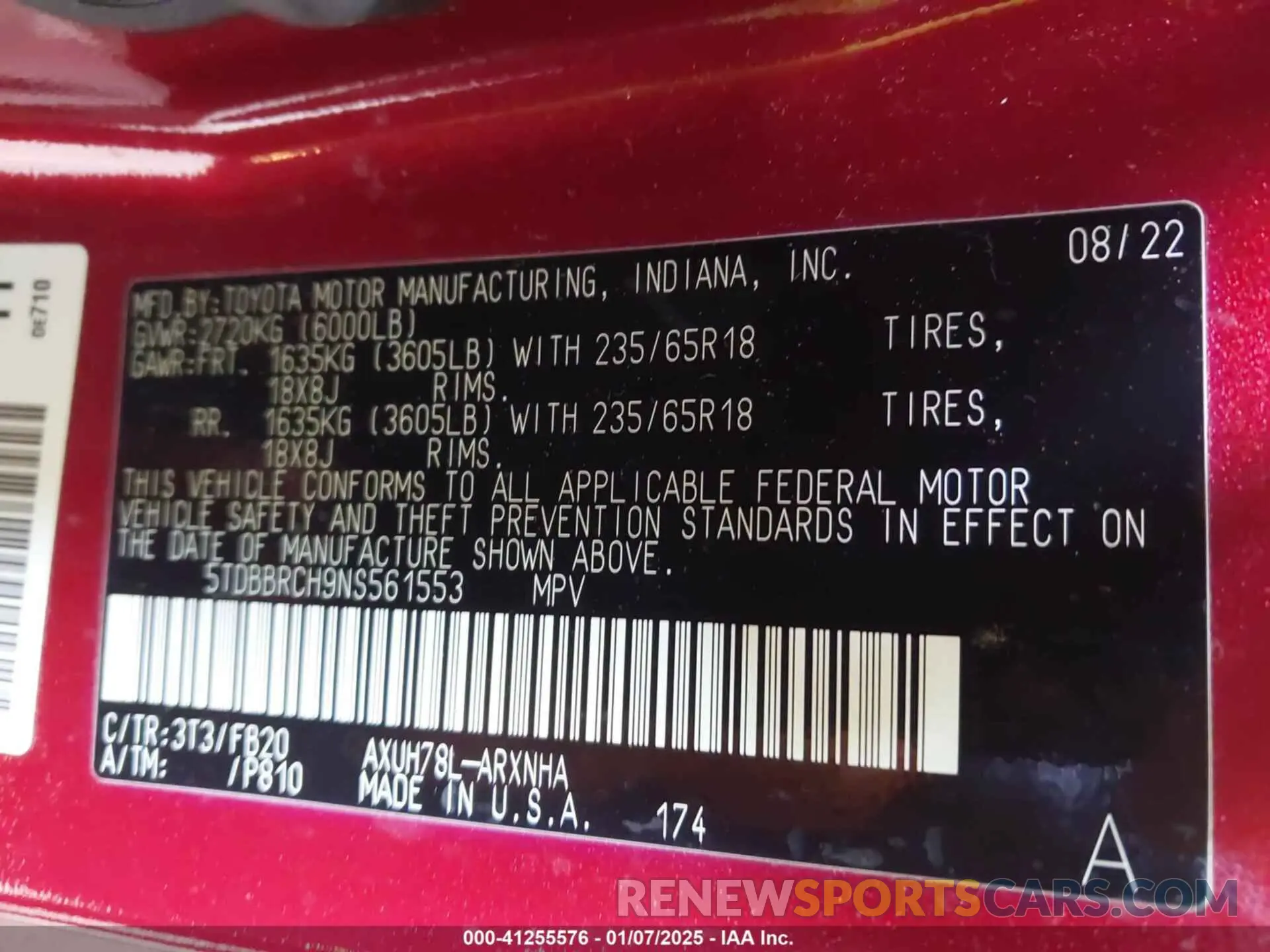 9 fotografías del automóvil dañado 5TDBBRCH9NS561553 TOYOTA HIGHLANDER 2022