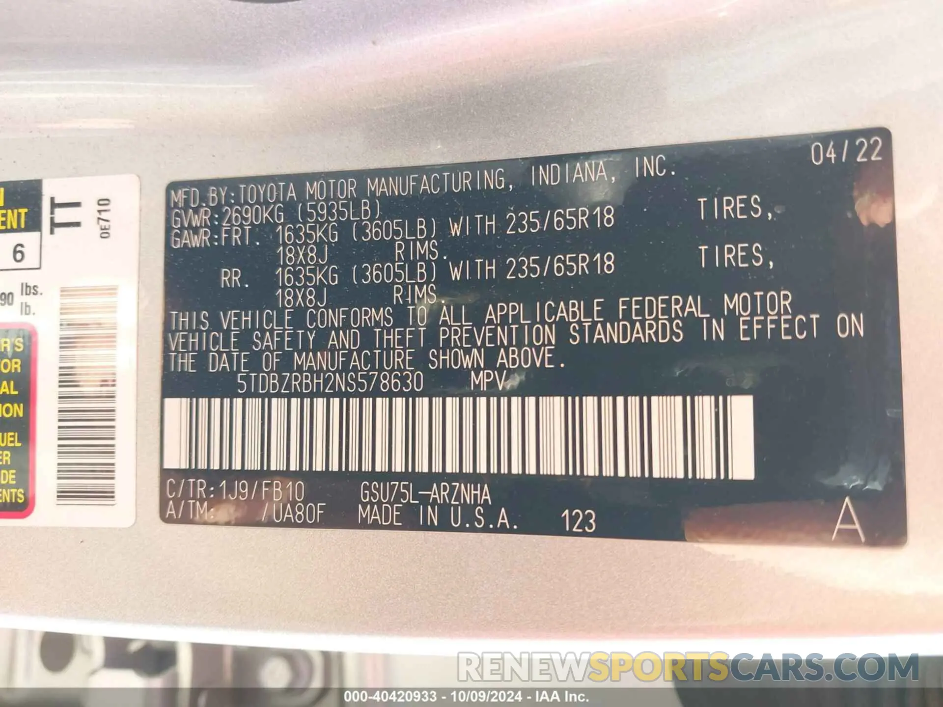 9 fotografías del automóvil dañado 5TDBZRBH2NS578630 TOYOTA HIGHLANDER 2022