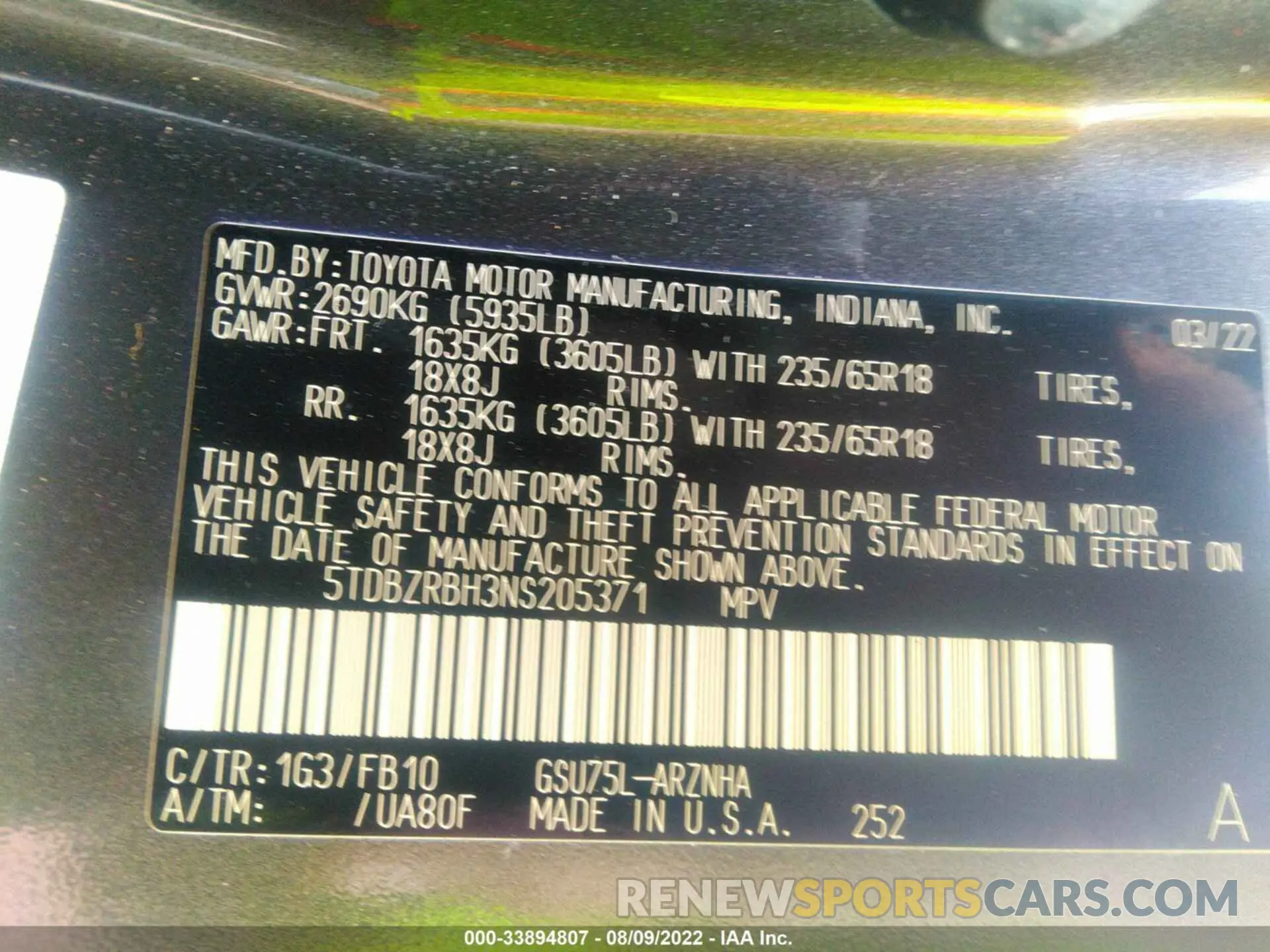 9 fotografías del automóvil dañado 5TDBZRBH3NS205371 TOYOTA HIGHLANDER 2022