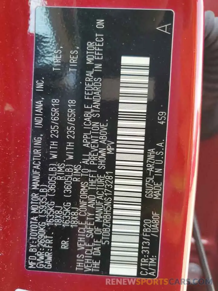 13 fotografías del automóvil dañado 5TDBZRBH5NS173281 TOYOTA HIGHLANDER 2022
