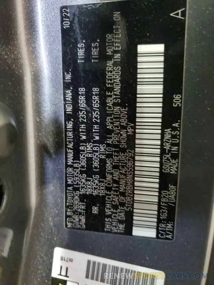 13 fotografías del automóvil dañado 5TDBZRBH8NS596792 TOYOTA HIGHLANDER 2022