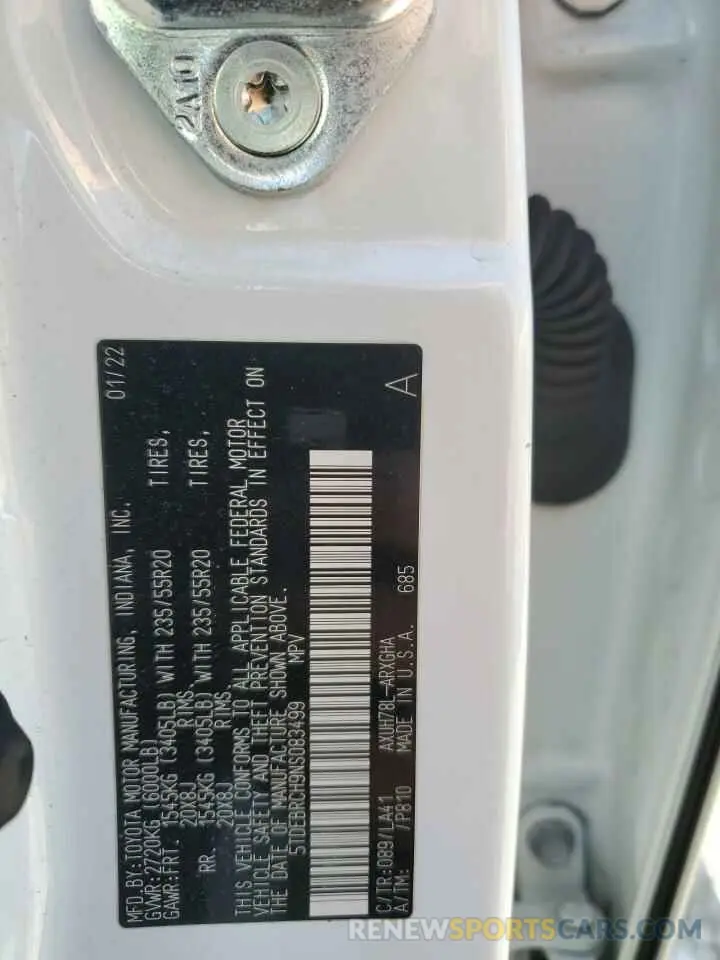 13 fotografías del automóvil dañado 5TDEBRCH9NS083499 TOYOTA HIGHLANDER 2022