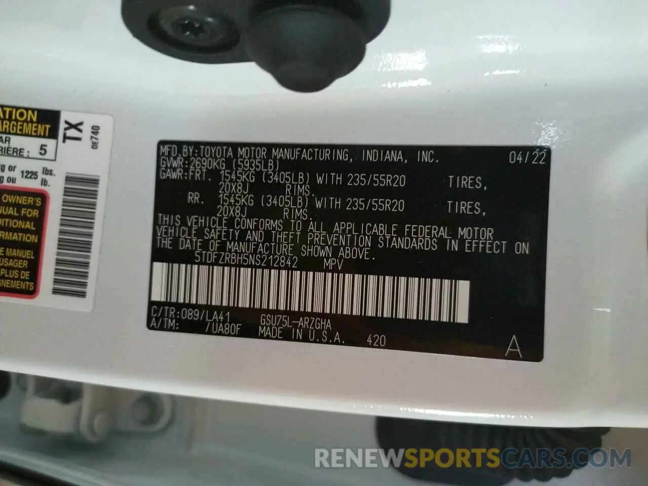 10 fotografías del automóvil dañado 5TDFZRBH5NS212842 TOYOTA HIGHLANDER 2022