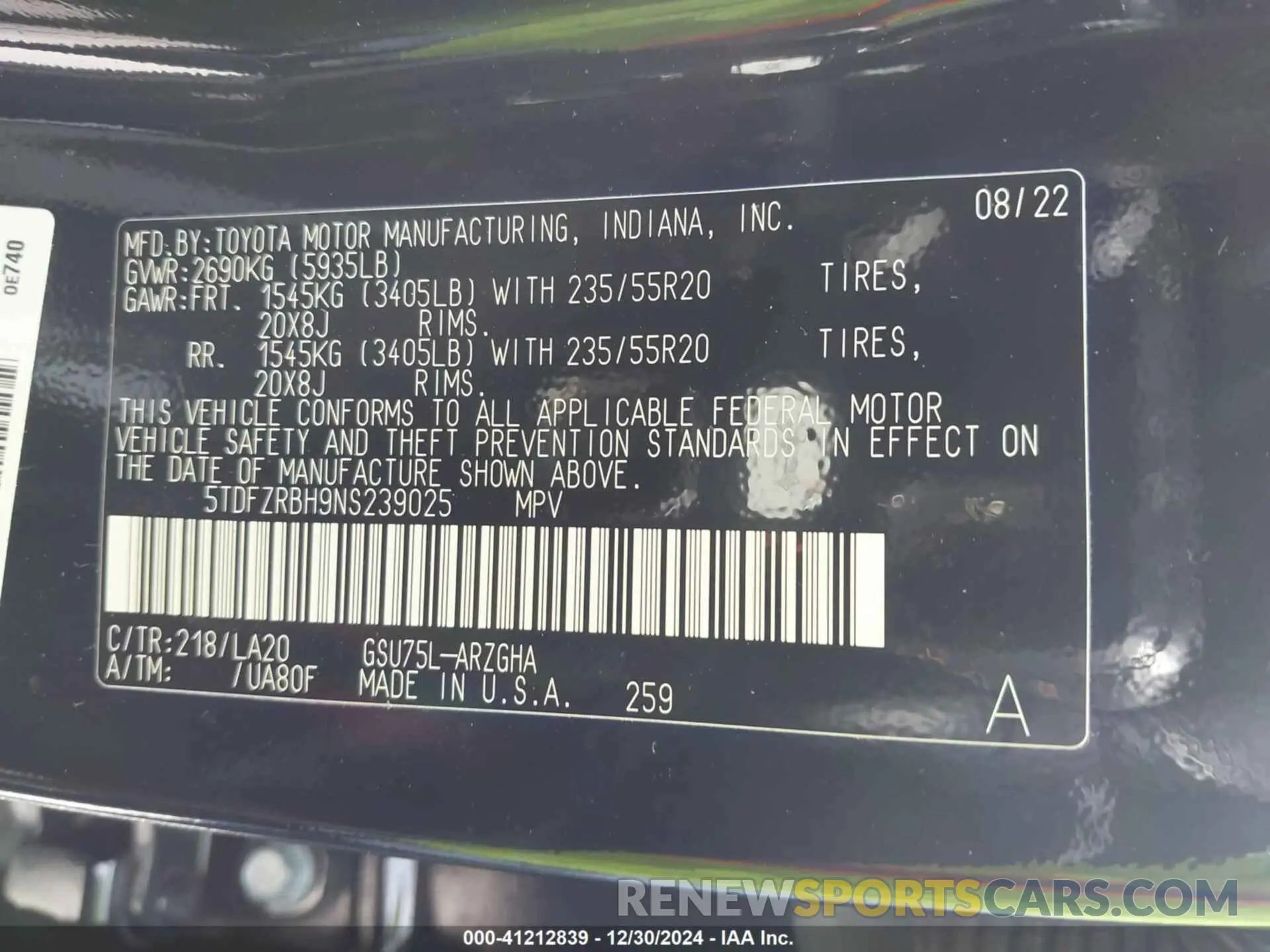 9 fotografías del automóvil dañado 5TDFZRBH9NS239025 TOYOTA HIGHLANDER 2022