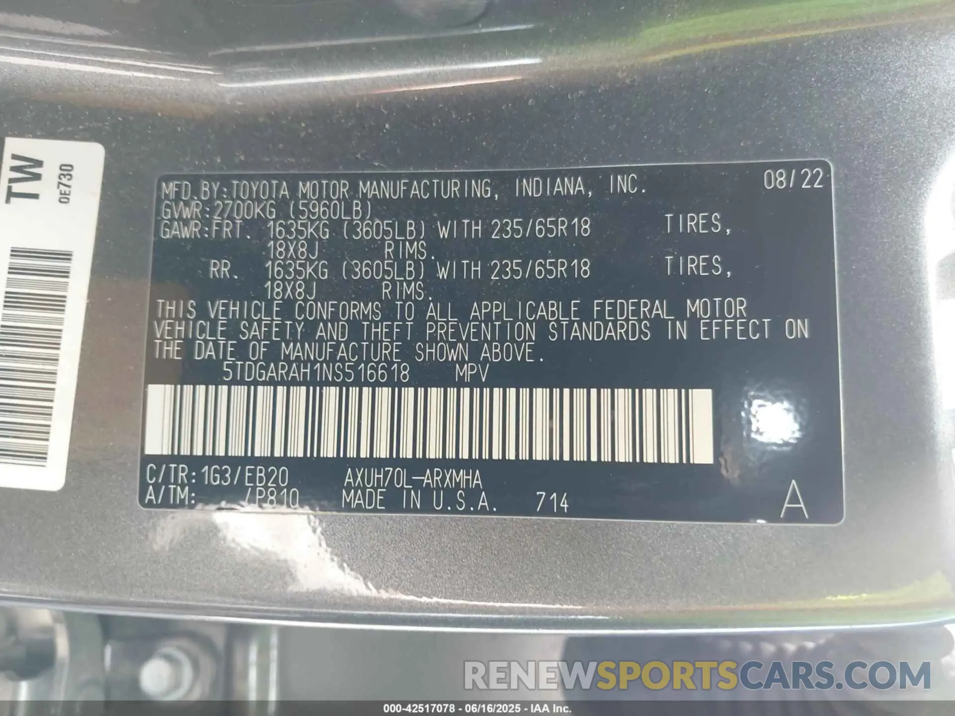 9 fotografías del automóvil dañado 5TDGARAH1NS516618 TOYOTA HIGHLANDER 2022