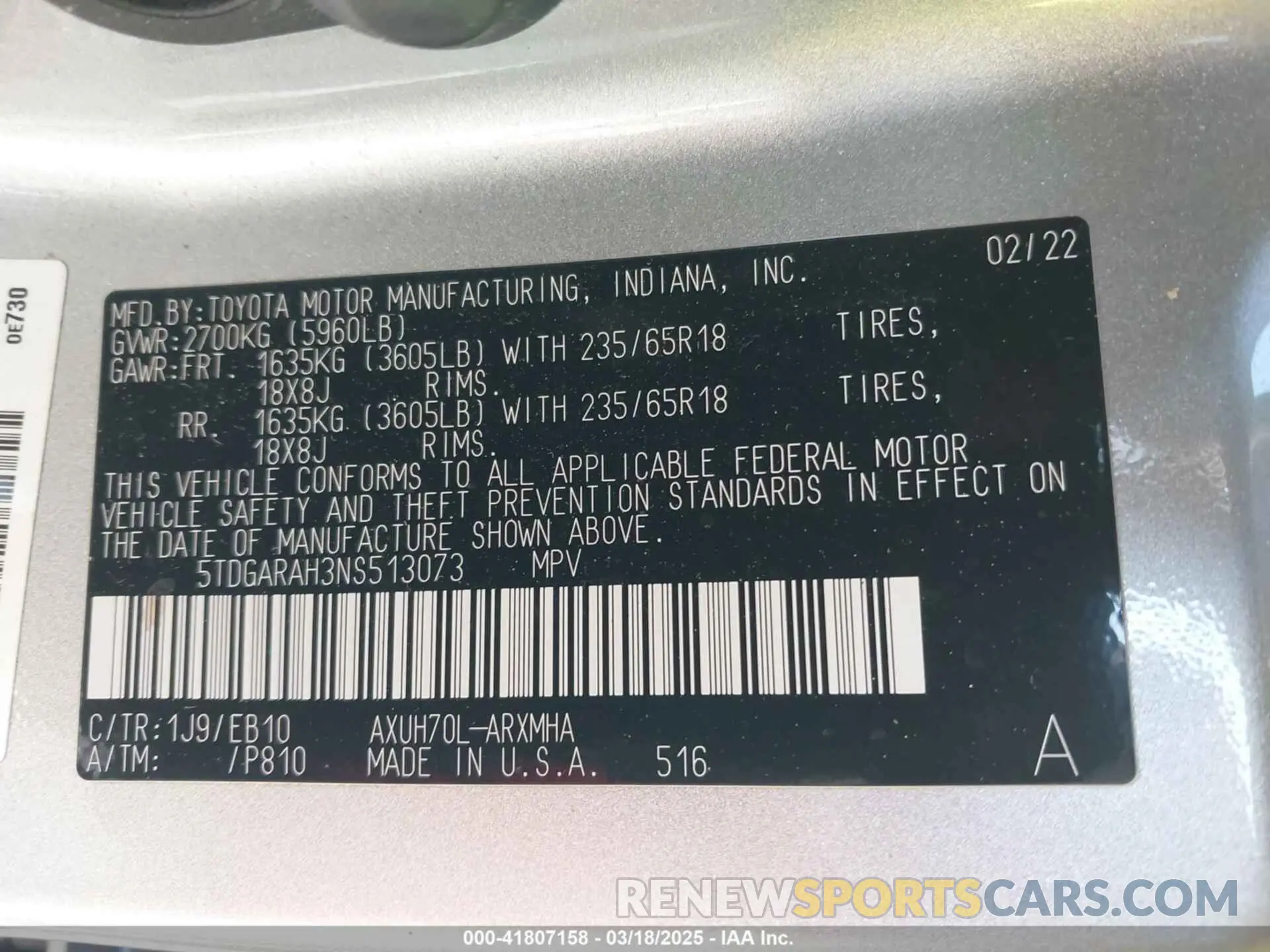 9 fotografías del automóvil dañado 5TDGARAH3NS513073 TOYOTA HIGHLANDER 2022