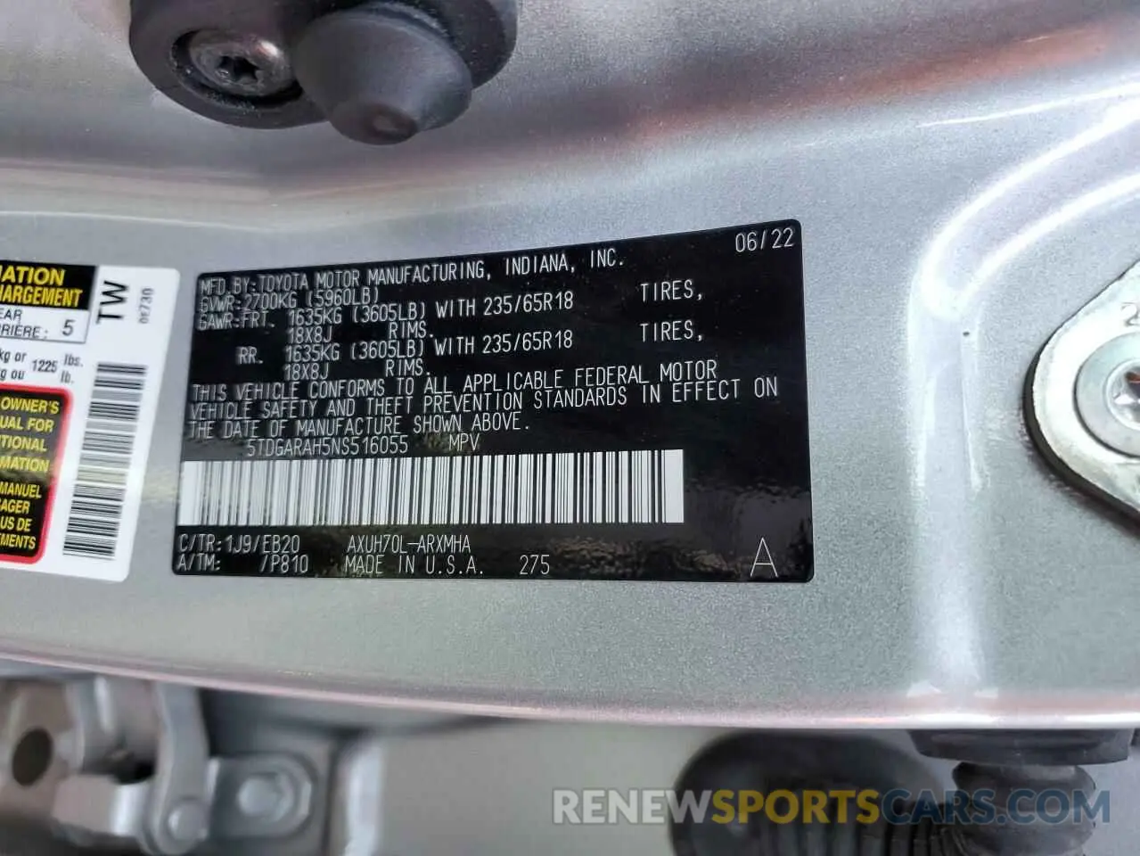 15 fotografías del automóvil dañado 5TDGARAH5NS516055 TOYOTA HIGHLANDER 2022