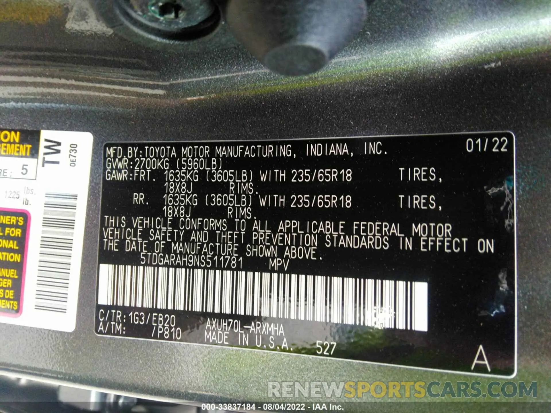 9 fotografías del automóvil dañado 5TDGARAH9NS511781 TOYOTA HIGHLANDER 2022