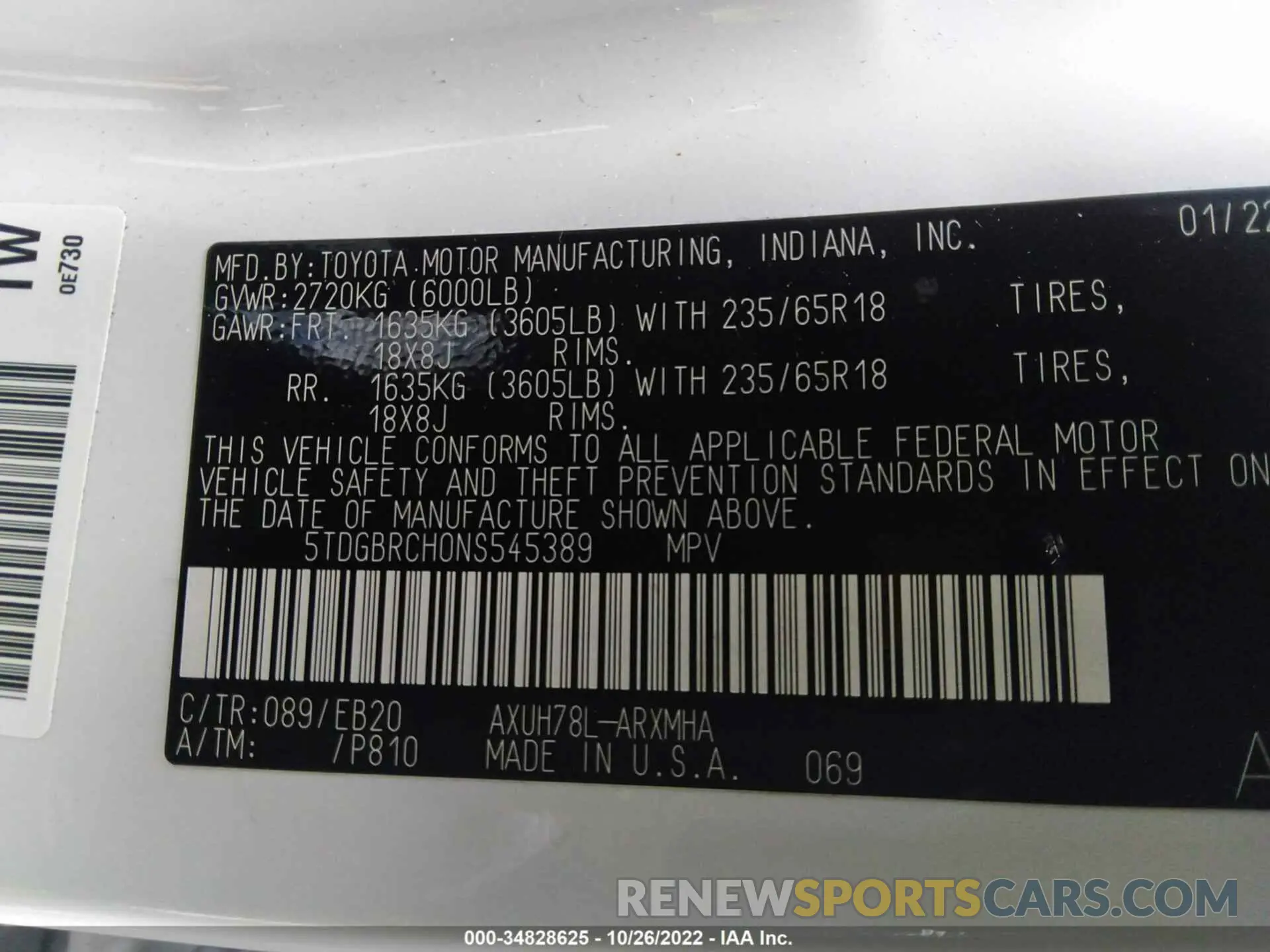 9 fotografías del automóvil dañado 5TDGBRCH0NS545389 TOYOTA HIGHLANDER 2022