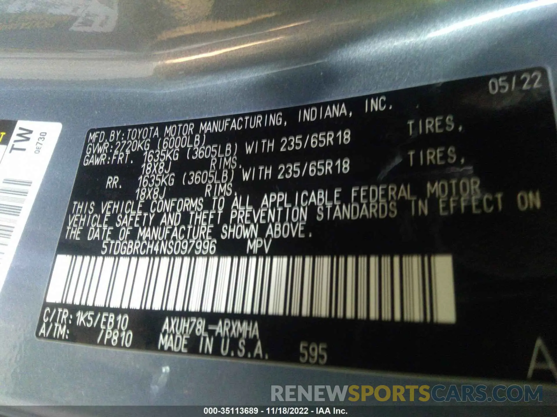 9 fotografías del automóvil dañado 5TDGBRCH4NS097996 TOYOTA HIGHLANDER 2022