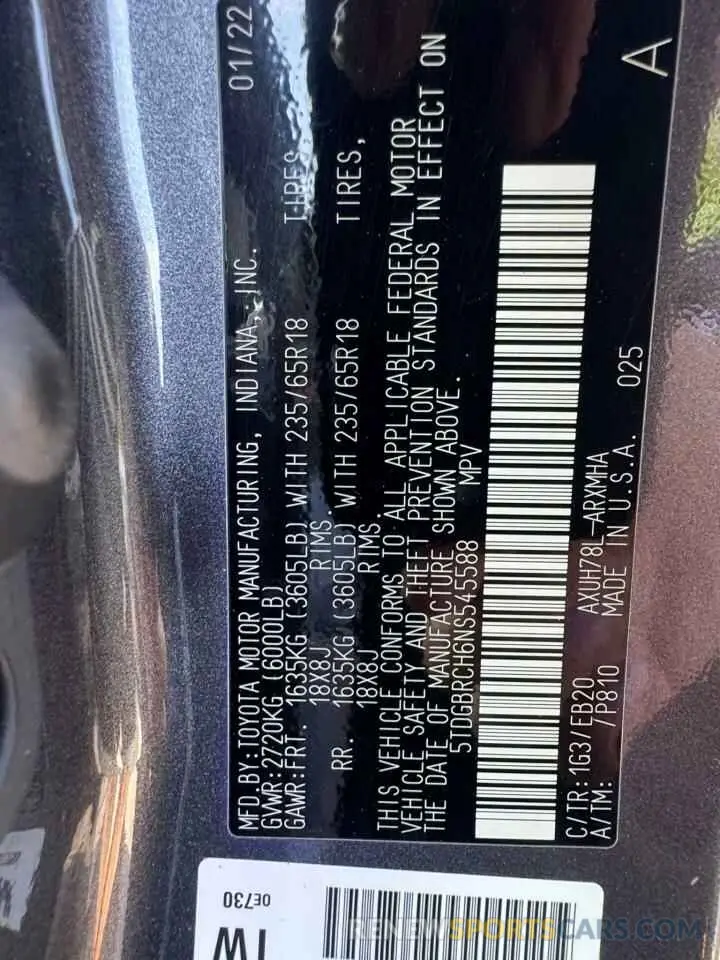 10 fotografías del automóvil dañado 5TDGBRCH6NS545588 TOYOTA HIGHLANDER 2022